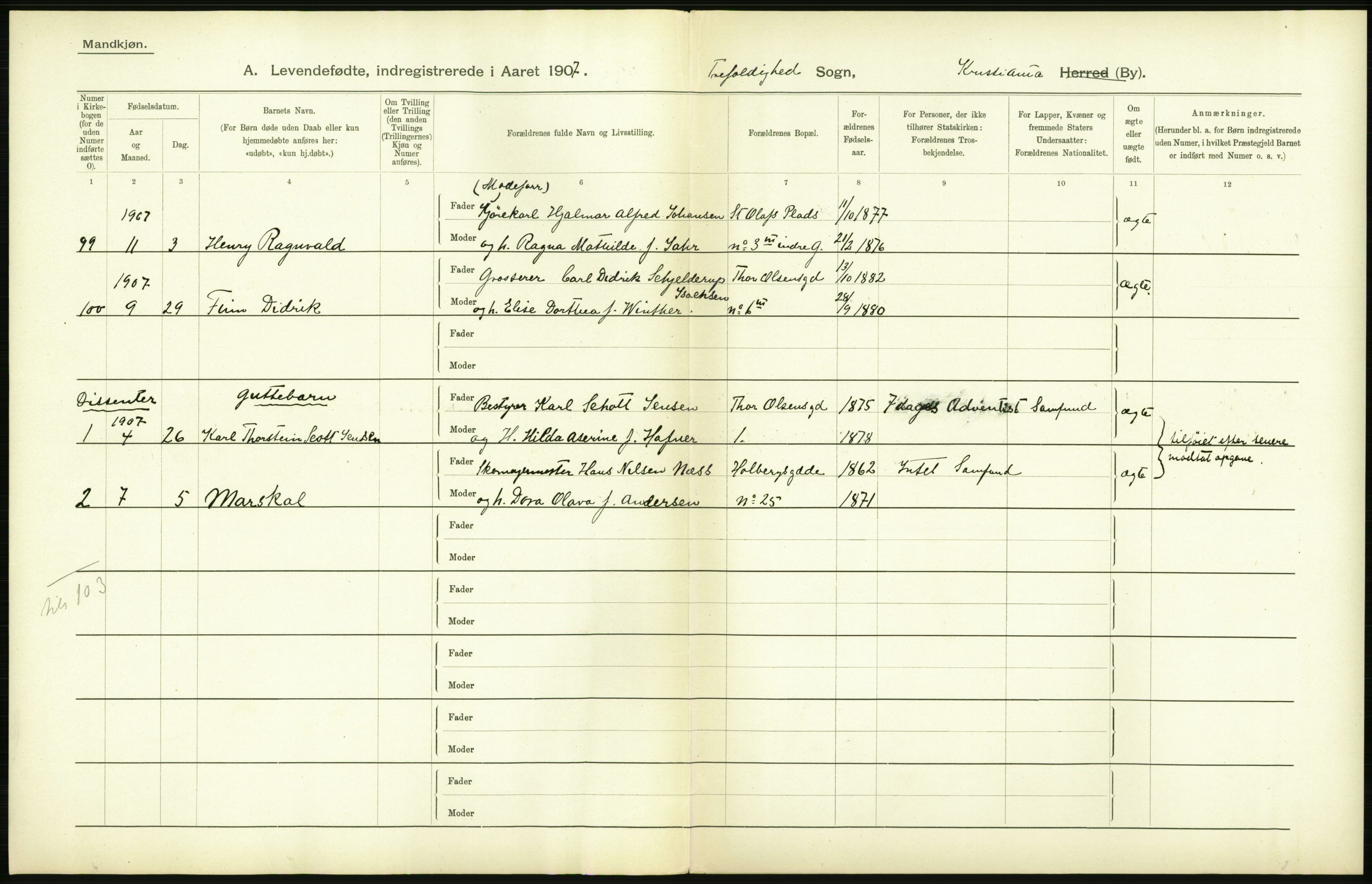 Statistisk sentralbyrå, Sosiodemografiske emner, Befolkning, AV/RA-S-2228/D/Df/Dfa/Dfae/L0006: Kristiania: Levendefødte menn og kvinner., 1907, p. 326