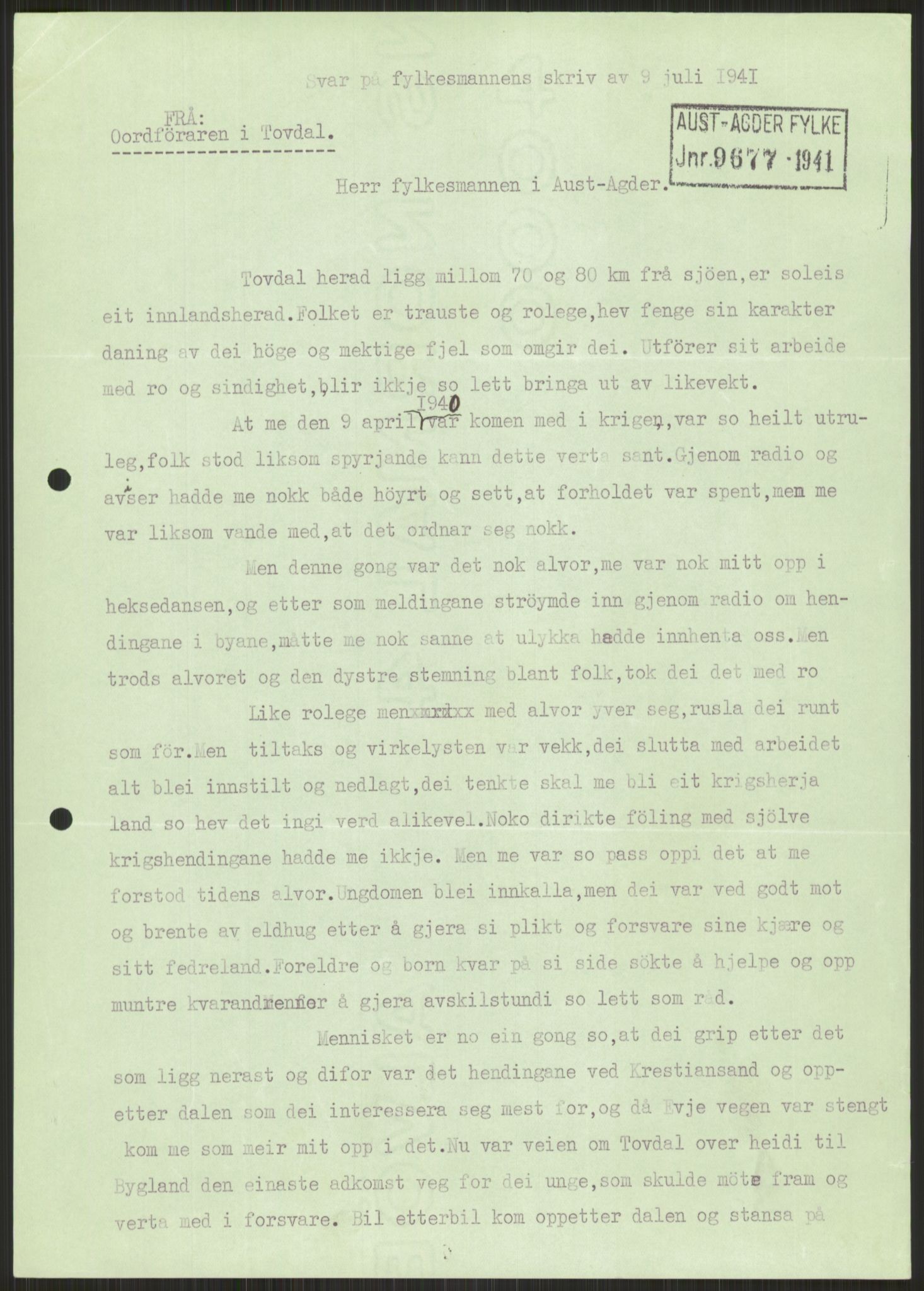 Forsvaret, Forsvarets krigshistoriske avdeling, AV/RA-RAFA-2017/Y/Ya/L0014: II-C-11-31 - Fylkesmenn.  Rapporter om krigsbegivenhetene 1940., 1940, p. 794