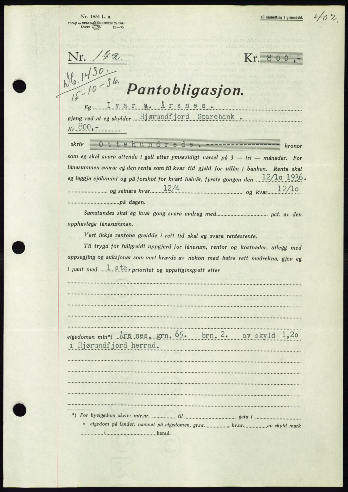 Søre Sunnmøre sorenskriveri, AV/SAT-A-4122/1/2/2C/L0061: Mortgage book no. 55, 1936-1936, Diary no: : 1430/1936