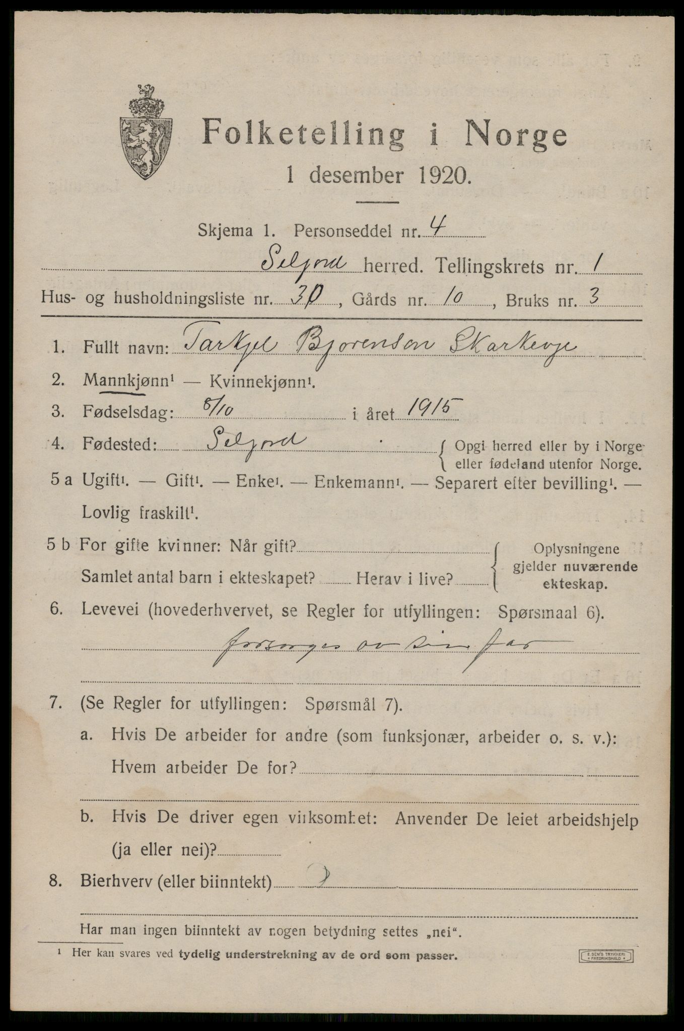 SAKO, 1920 census for Seljord, 1920, p. 1498