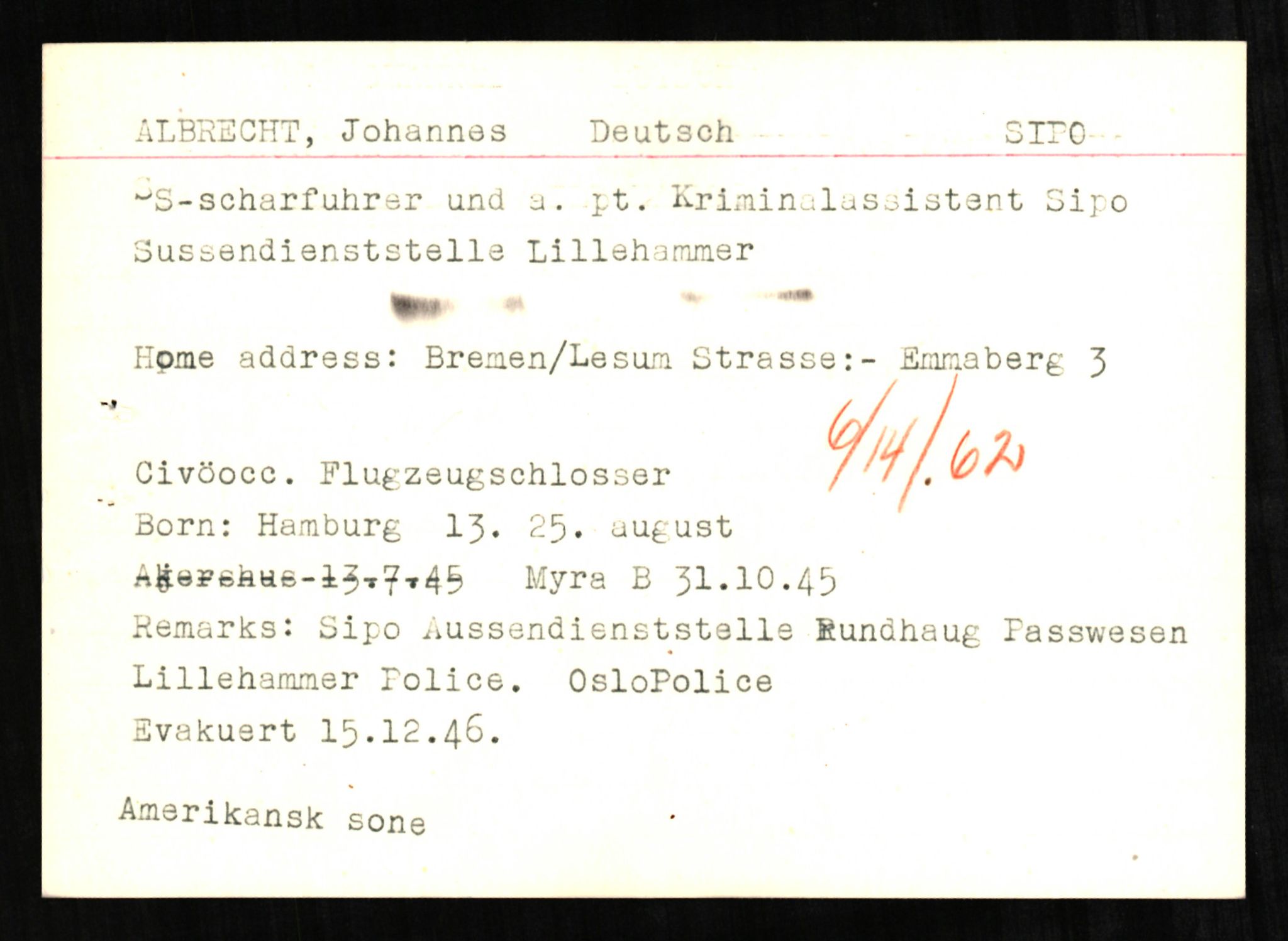 Forsvaret, Forsvarets overkommando II, AV/RA-RAFA-3915/D/Db/L0001: CI Questionaires. Tyske okkupasjonsstyrker i Norge. Tyskere., 1945-1946, p. 143