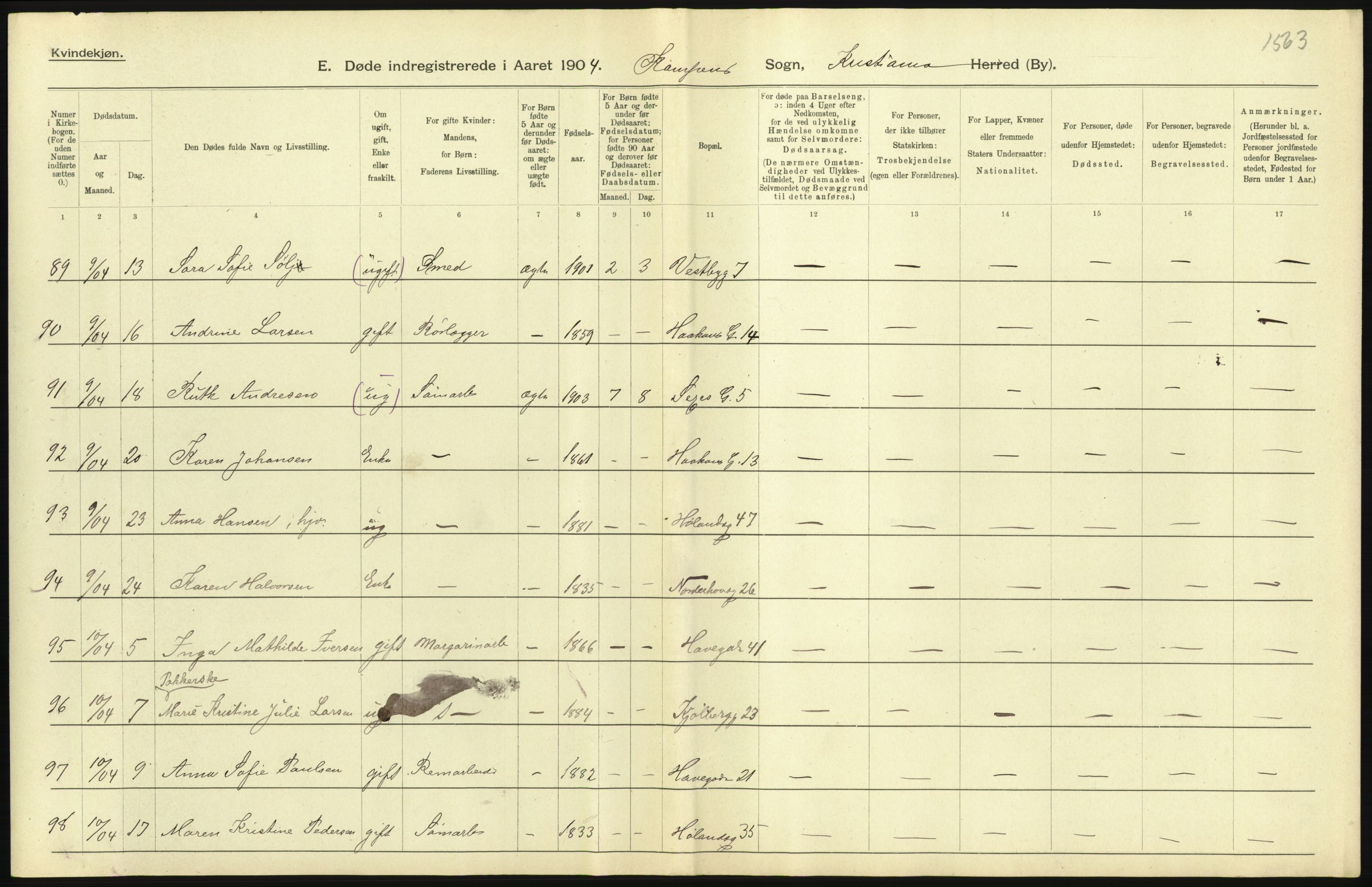 Statistisk sentralbyrå, Sosiodemografiske emner, Befolkning, AV/RA-S-2228/D/Df/Dfa/Dfab/L0004: Kristiania: Gifte, døde, 1904, p. 523