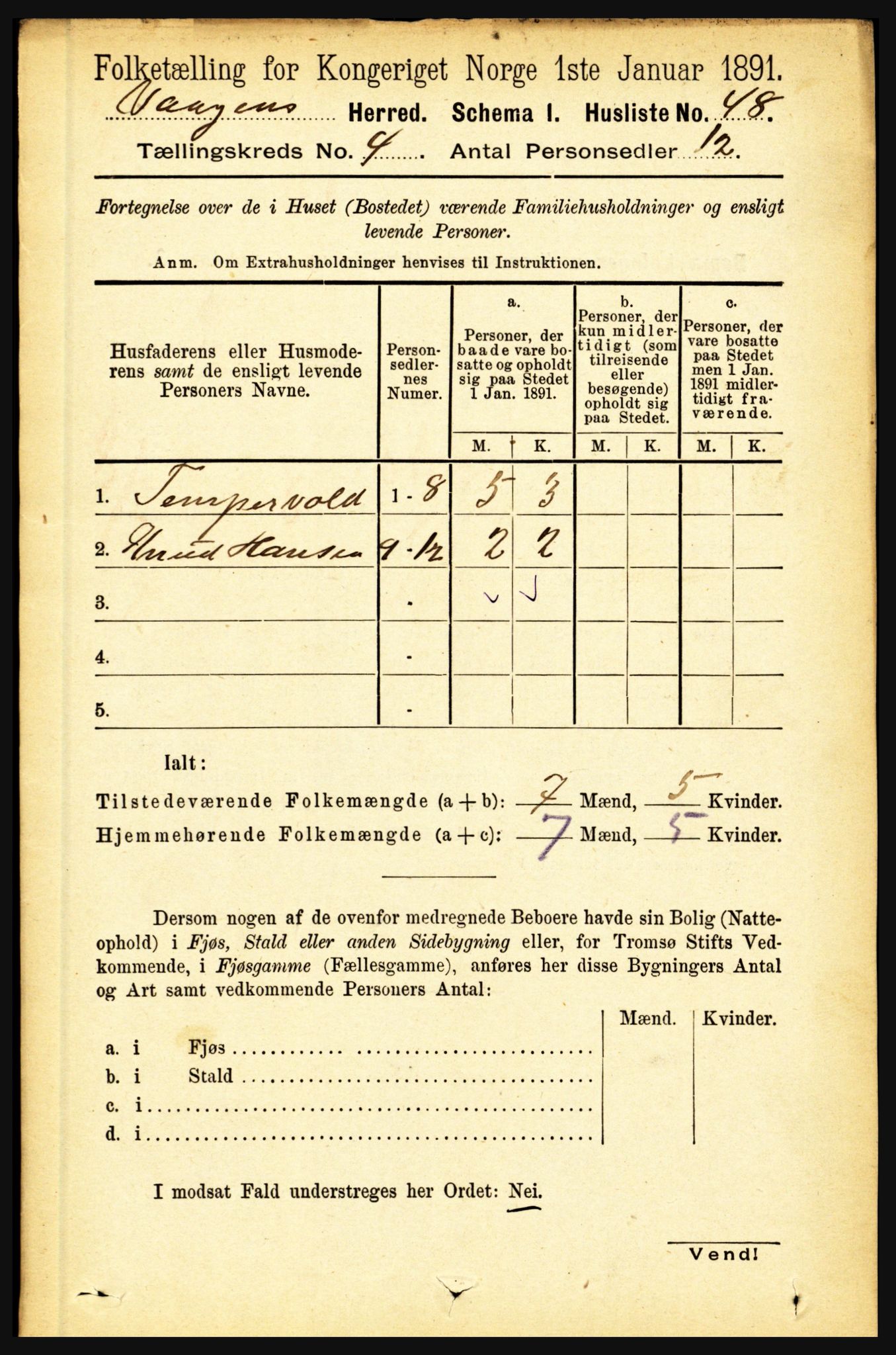 RA, 1891 census for 1865 Vågan, 1891, p. 924