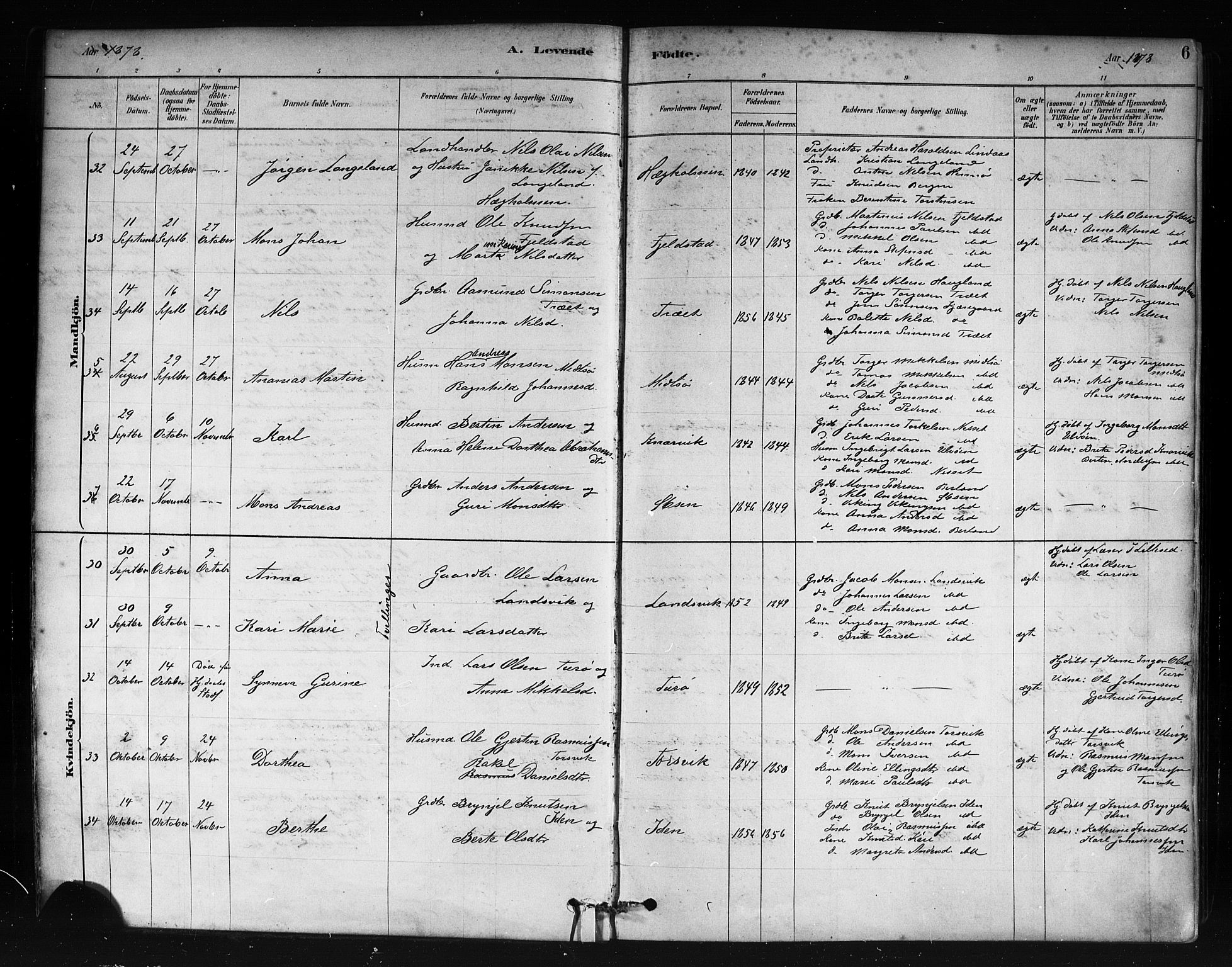 Herdla Sokneprestembete, AV/SAB-A-75701/H/Haa: Parish register (official) no. A 3, 1878-1890, p. 6