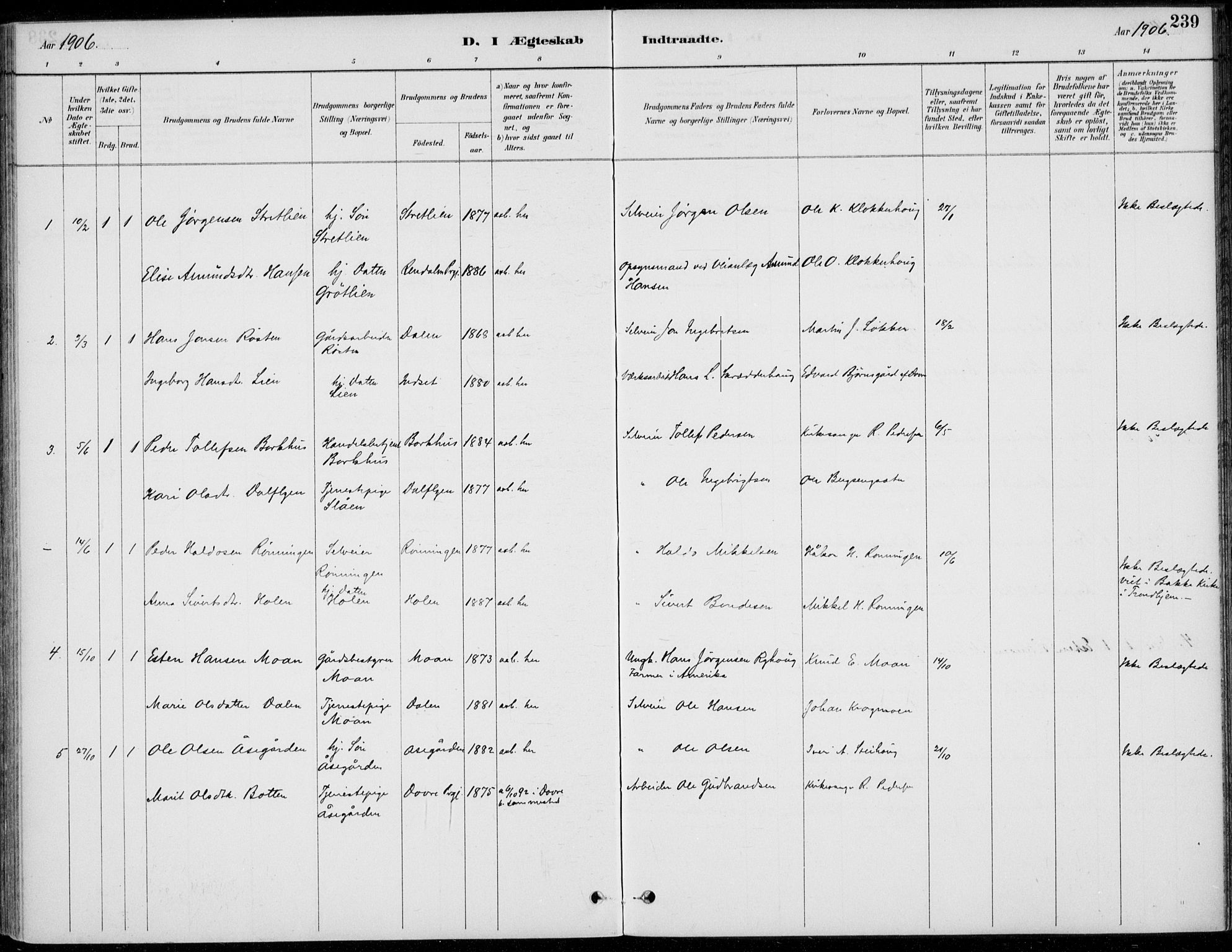 Alvdal prestekontor, SAH/PREST-060/H/Ha/Haa/L0003: Parish register (official) no. 3, 1886-1912, p. 239