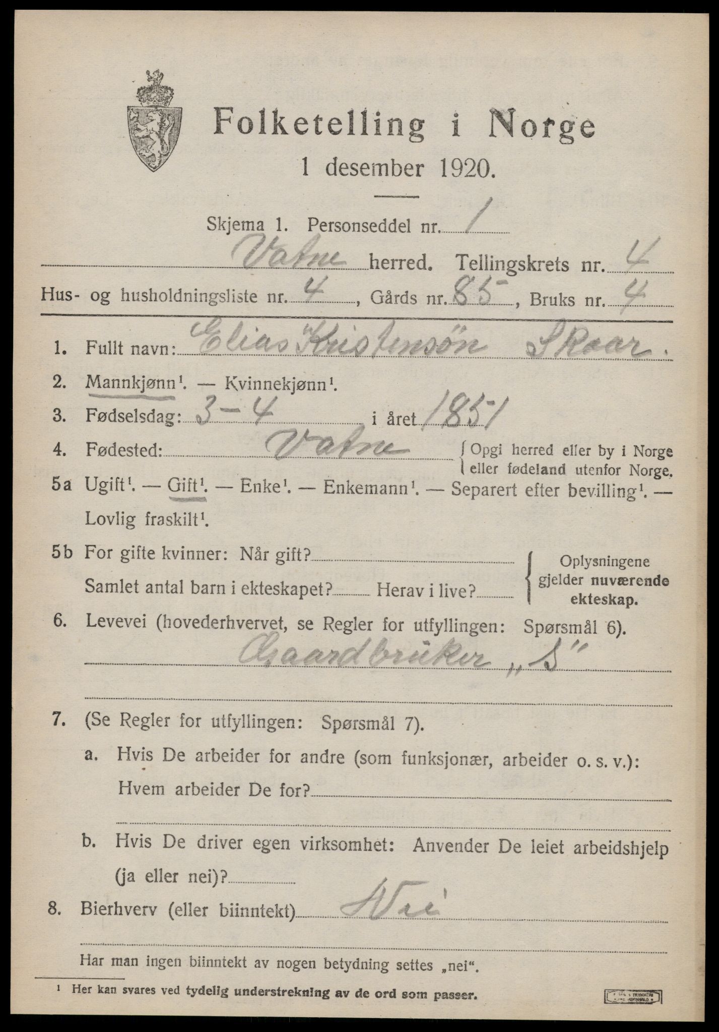 SAT, 1920 census for Vatne, 1920, p. 1856