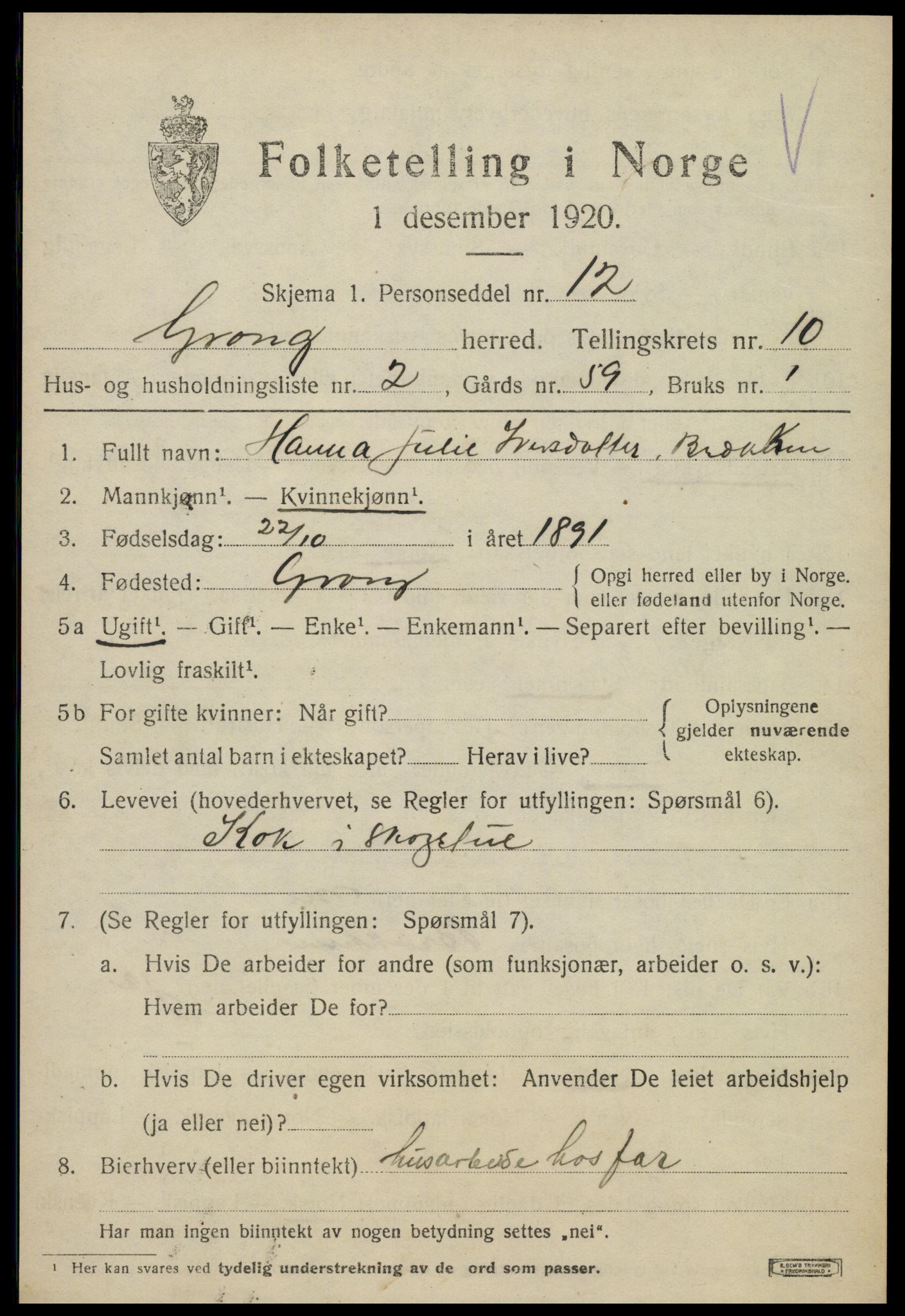 SAT, 1920 census for Grong, 1920, p. 5615