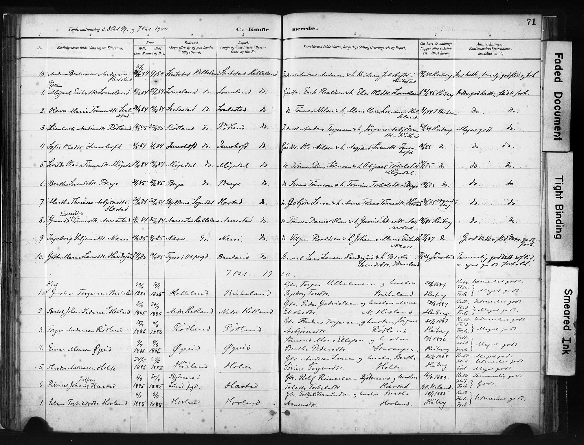 Helleland sokneprestkontor, SAST/A-101810: Parish register (official) no. A 8, 1887-1907, p. 71