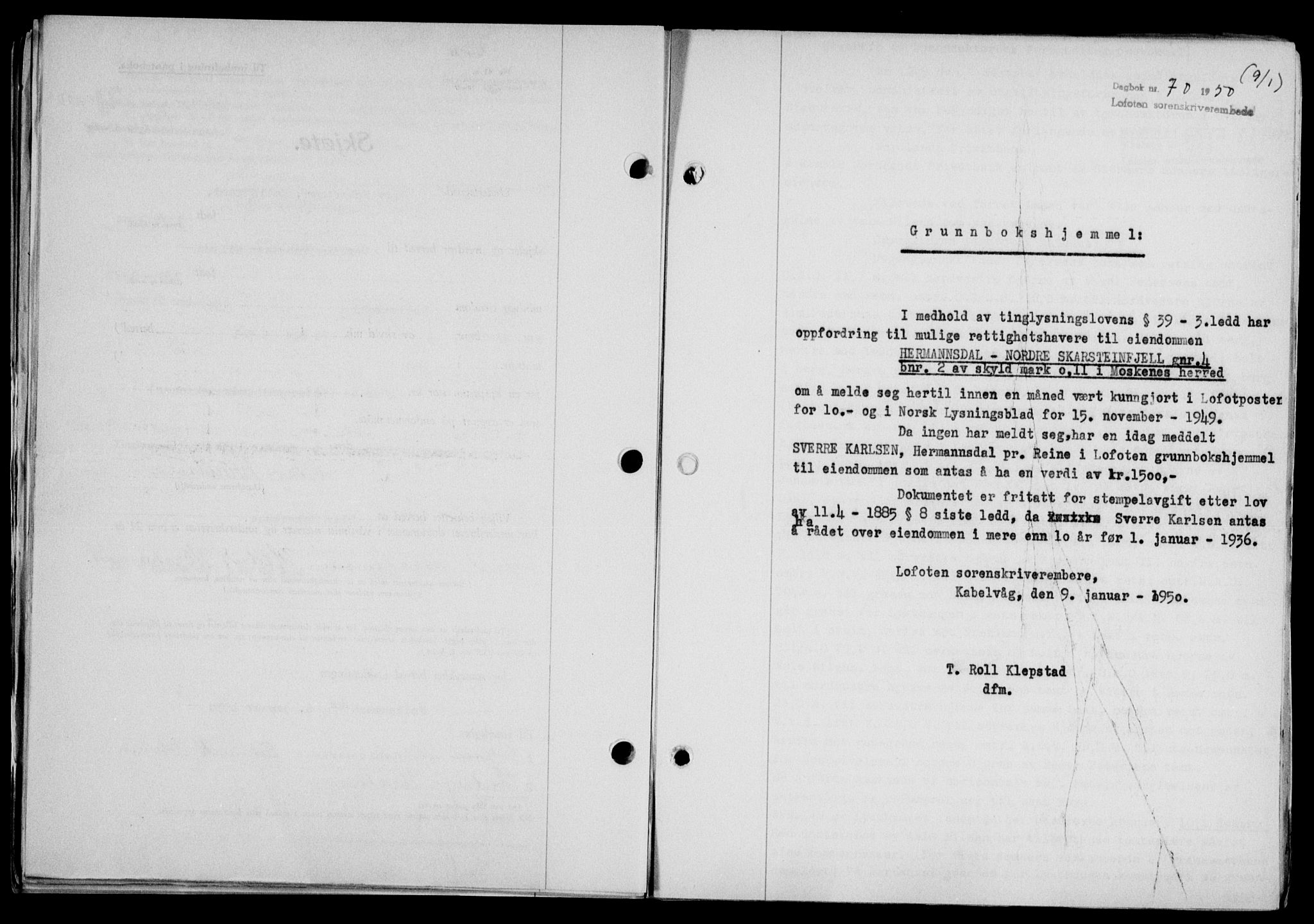Lofoten sorenskriveri, SAT/A-0017/1/2/2C/L0022a: Mortgage book no. 22a, 1949-1950, Diary no: : 70/1950