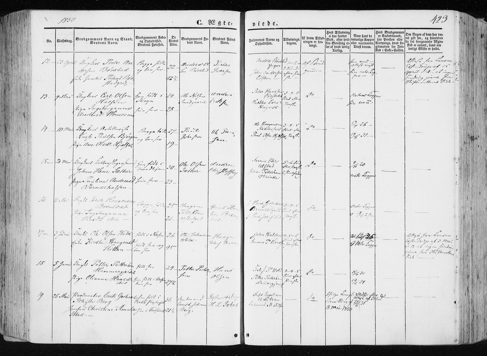 Ministerialprotokoller, klokkerbøker og fødselsregistre - Nord-Trøndelag, SAT/A-1458/709/L0074: Parish register (official) no. 709A14, 1845-1858, p. 423