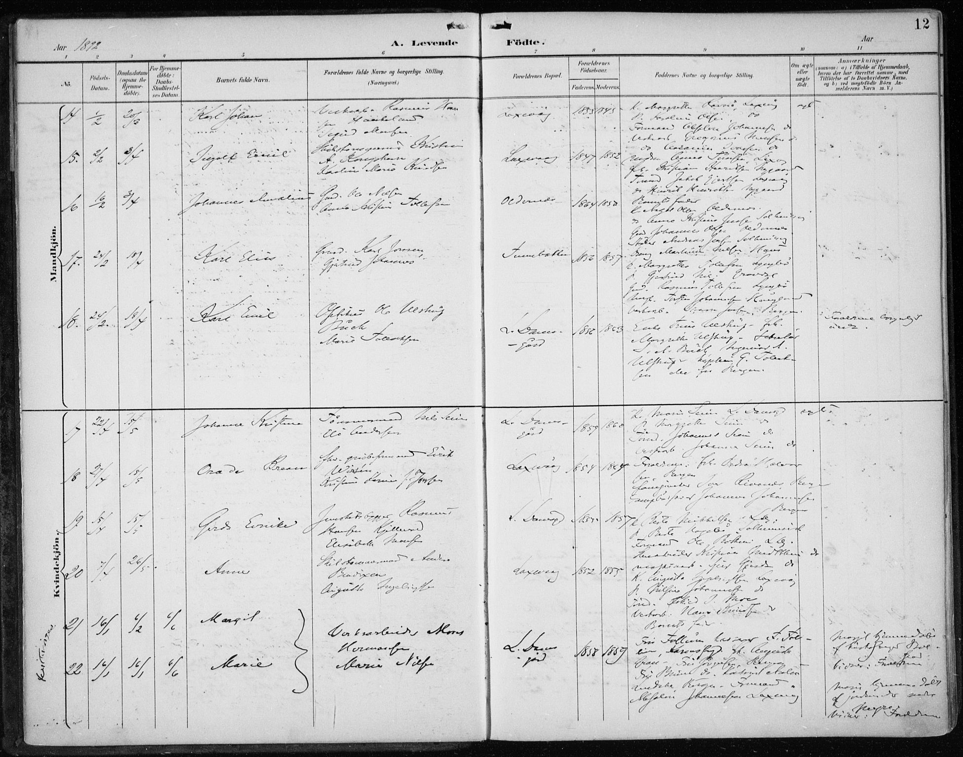 Askøy Sokneprestembete, AV/SAB-A-74101/H/Ha/Haa/Haae/L0003: Parish register (official) no. E 3, 1891-1903, p. 12