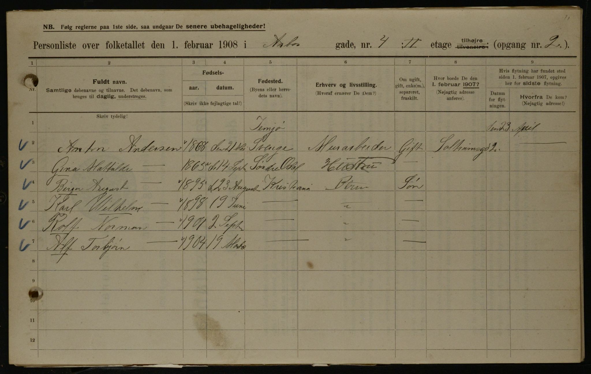 OBA, Municipal Census 1908 for Kristiania, 1908, p. 2062