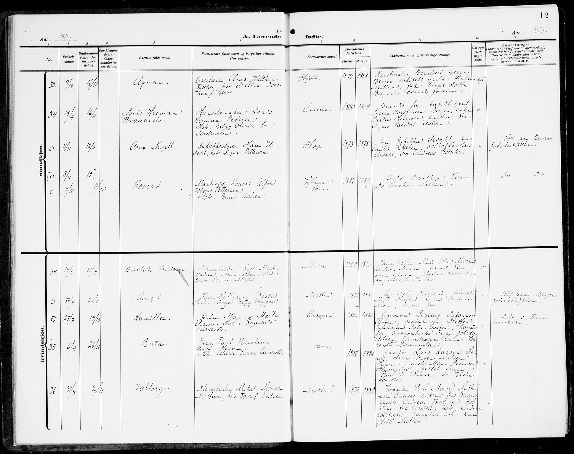 Fana Sokneprestembete, AV/SAB-A-75101/H/Haa/Haai/L0004: Parish register (official) no. I 4, 1912-1933, p. 12