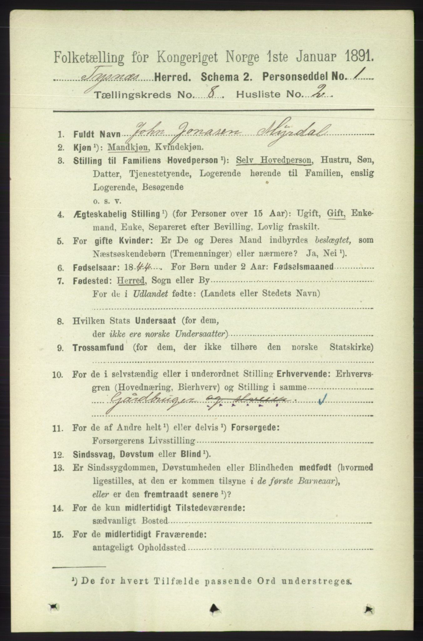 RA, 1891 census for 1223 Tysnes, 1891, p. 3665