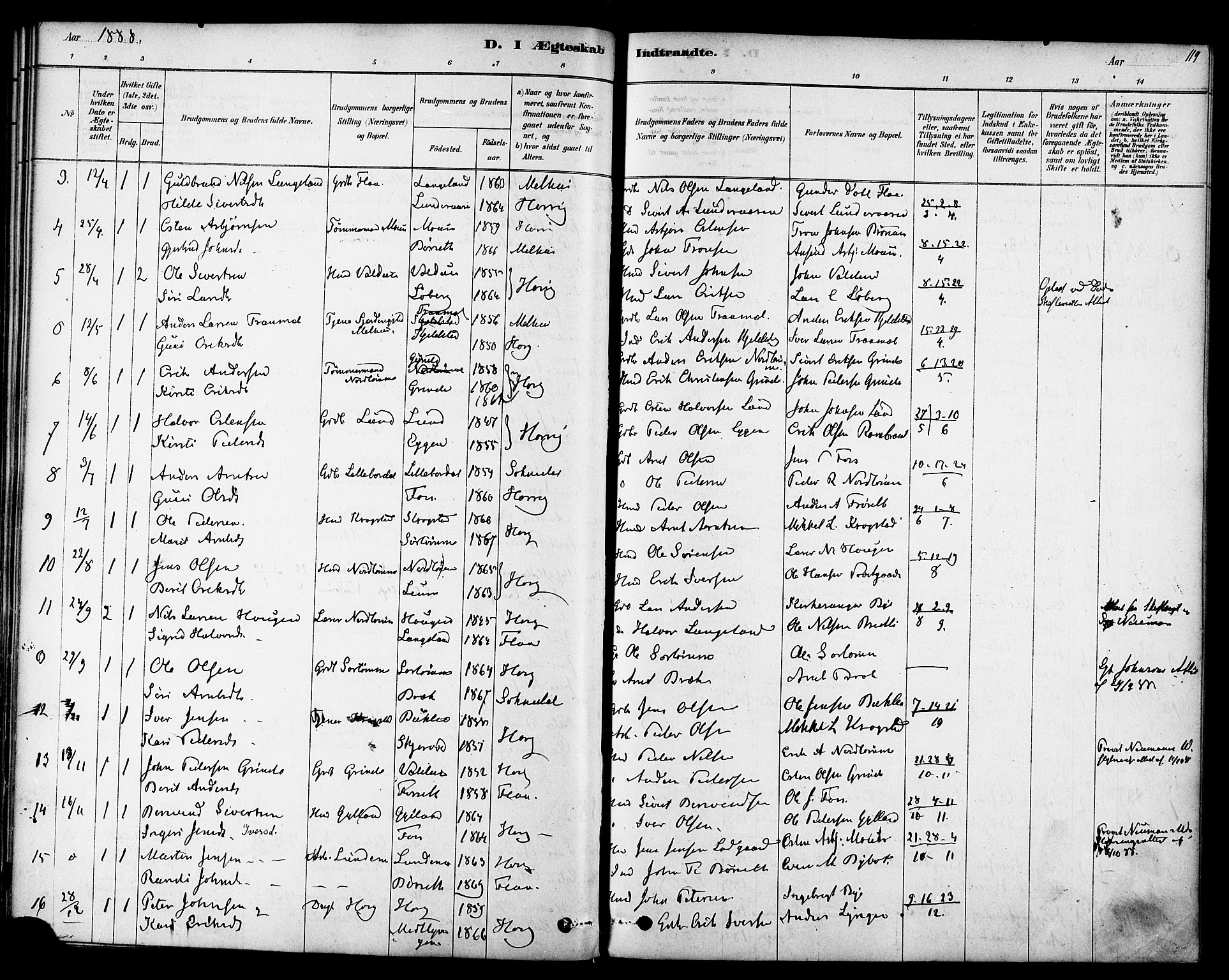 Ministerialprotokoller, klokkerbøker og fødselsregistre - Sør-Trøndelag, AV/SAT-A-1456/692/L1105: Parish register (official) no. 692A05, 1878-1890, p. 119