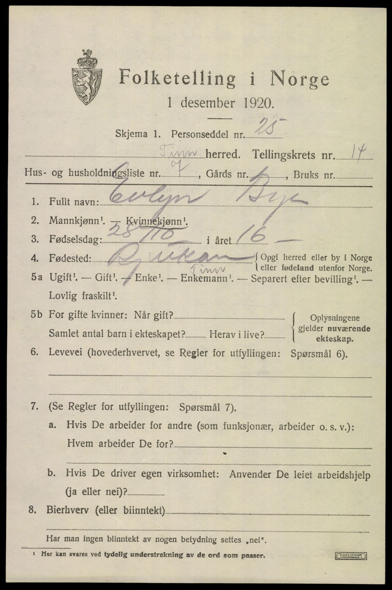SAKO, 1920 census for Tinn, 1920, p. 8862