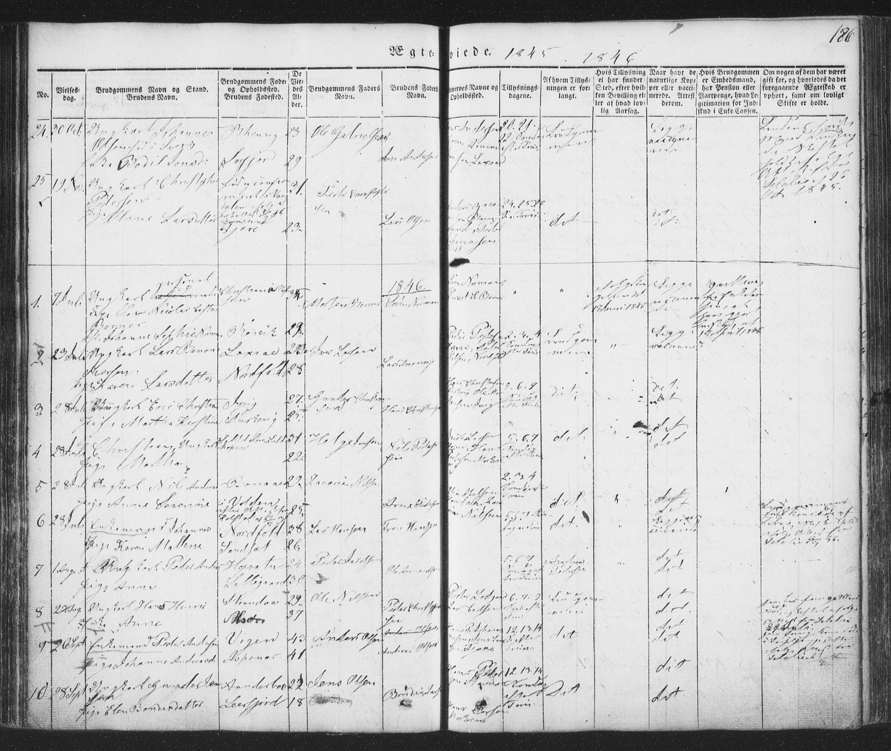 Ministerialprotokoller, klokkerbøker og fødselsregistre - Nordland, AV/SAT-A-1459/853/L0769: Parish register (official) no. 853A08, 1836-1856, p. 186