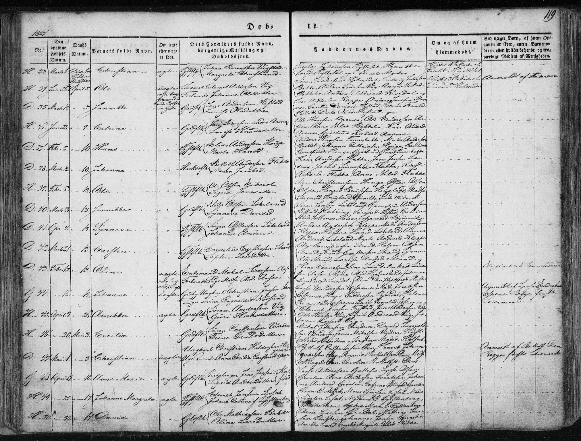 Fjaler sokneprestembete, AV/SAB-A-79801/H/Haa/Haaa/L0006: Parish register (official) no. A 6, 1835-1884, p. 119