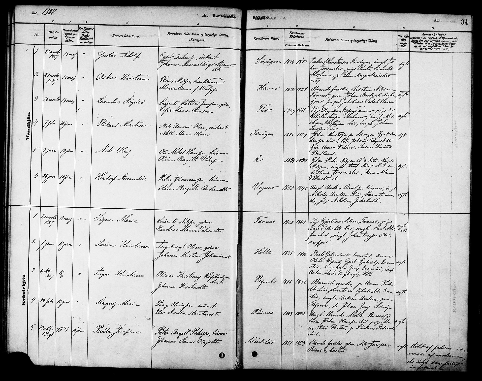 Ministerialprotokoller, klokkerbøker og fødselsregistre - Nordland, AV/SAT-A-1459/886/L1219: Parish register (official) no. 886A01, 1878-1892, p. 34