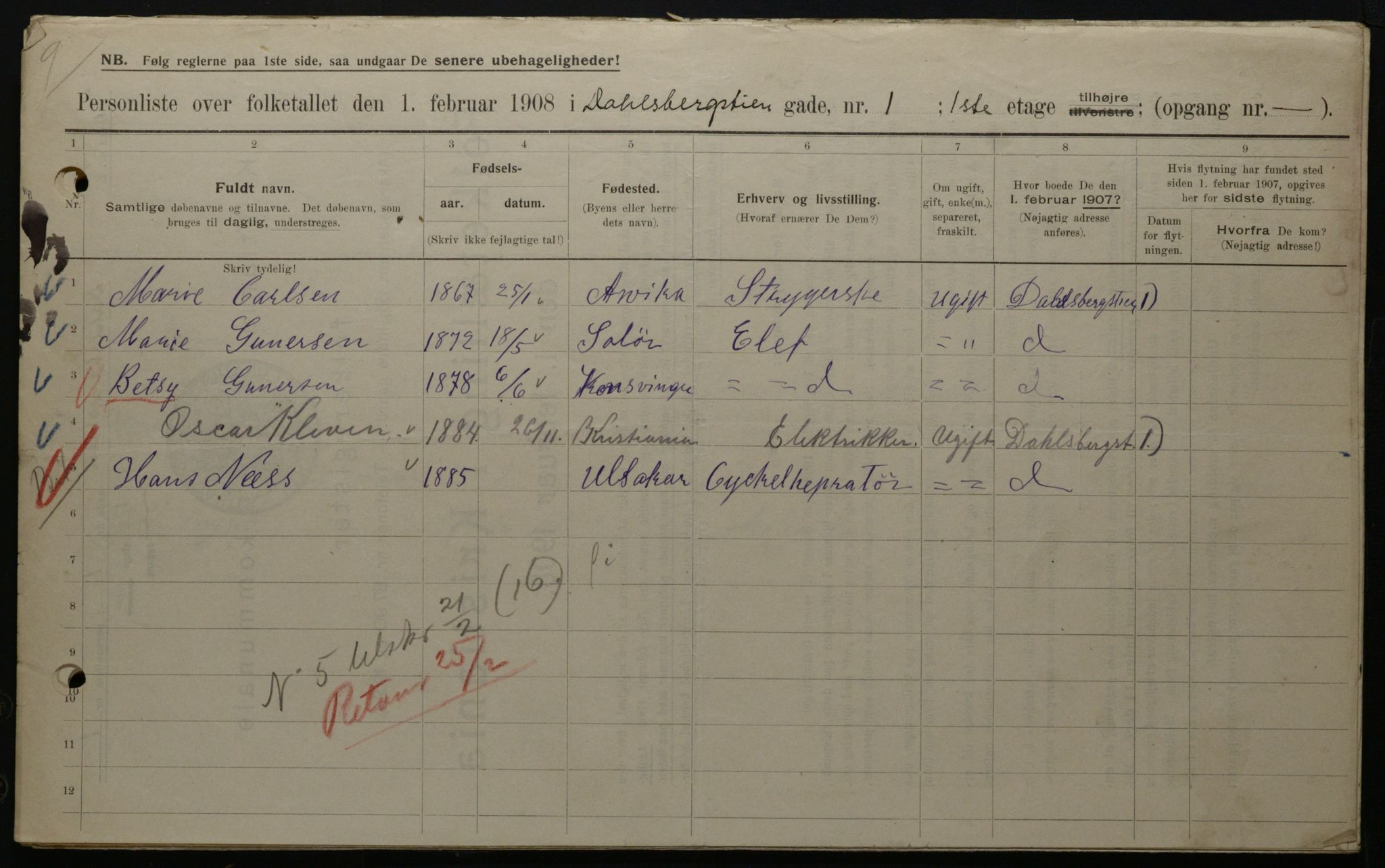 OBA, Municipal Census 1908 for Kristiania, 1908, p. 13107