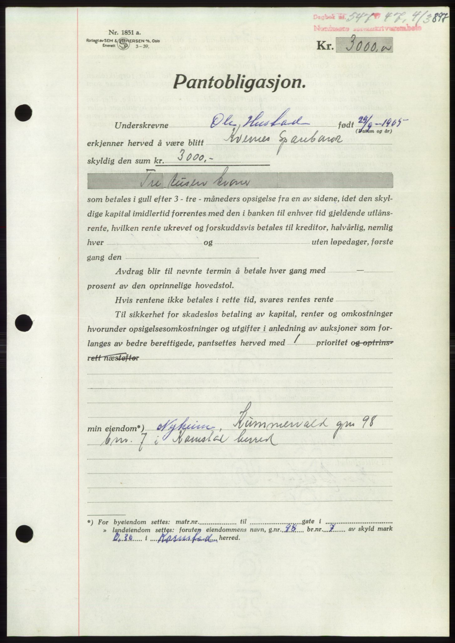 Nordmøre sorenskriveri, AV/SAT-A-4132/1/2/2Ca: Mortgage book no. B95, 1946-1947, Diary no: : 547/1947