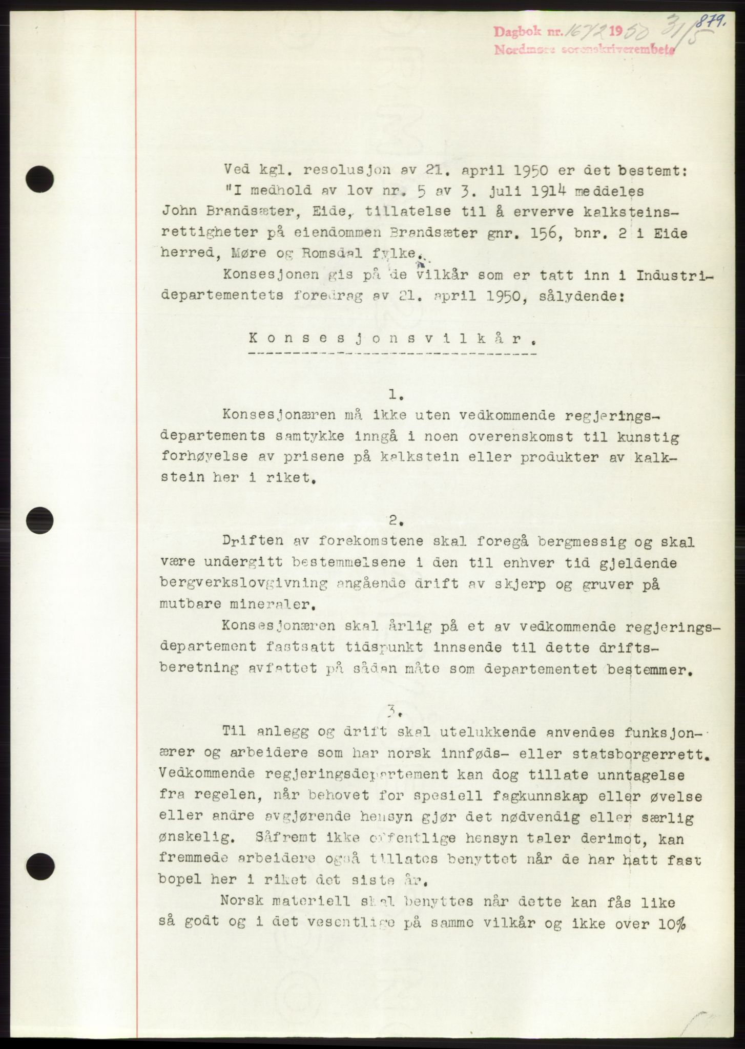 Nordmøre sorenskriveri, AV/SAT-A-4132/1/2/2Ca: Mortgage book no. B104, 1950-1950, Diary no: : 1672/1950