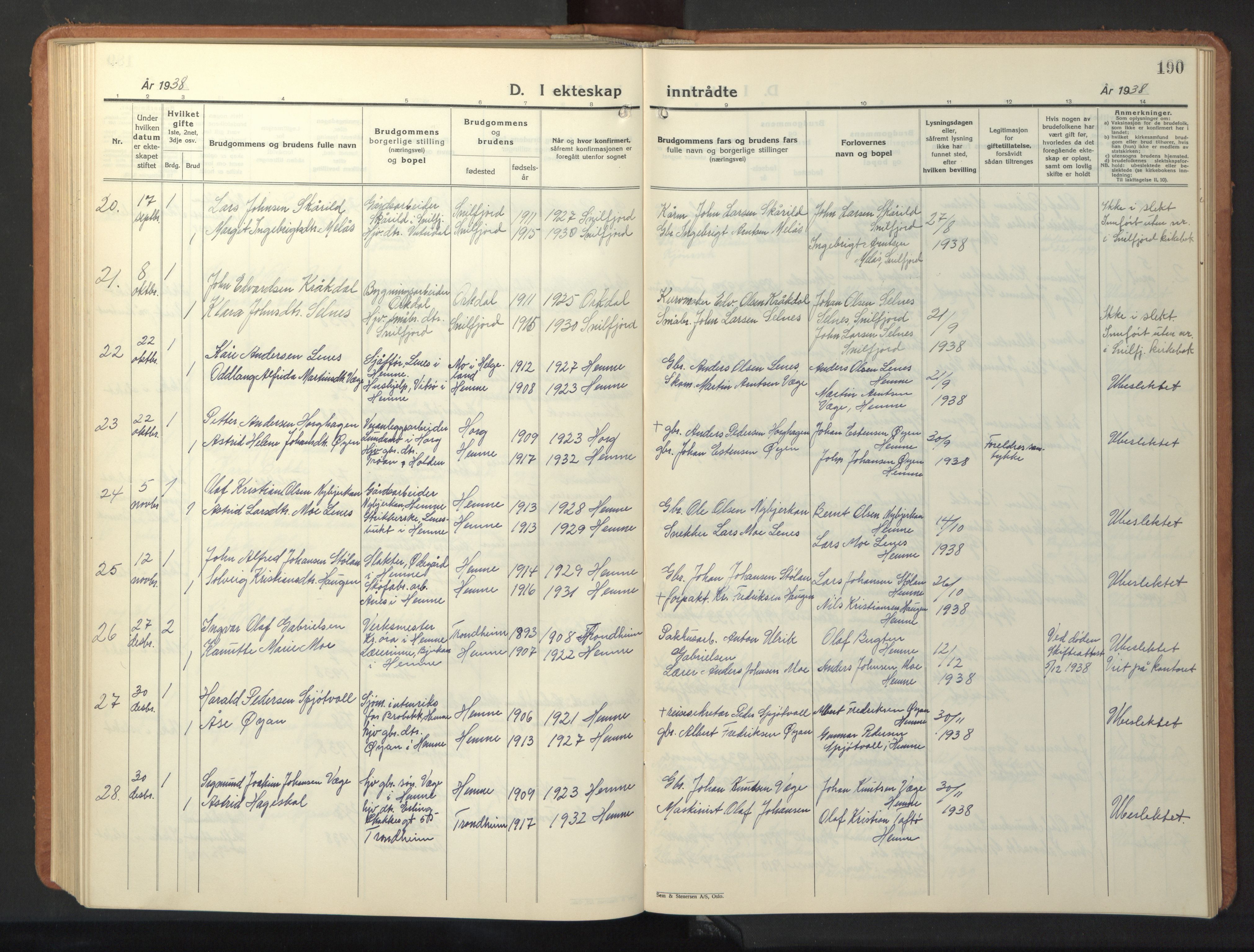 Ministerialprotokoller, klokkerbøker og fødselsregistre - Sør-Trøndelag, SAT/A-1456/630/L0508: Parish register (copy) no. 630C06, 1933-1950, p. 190