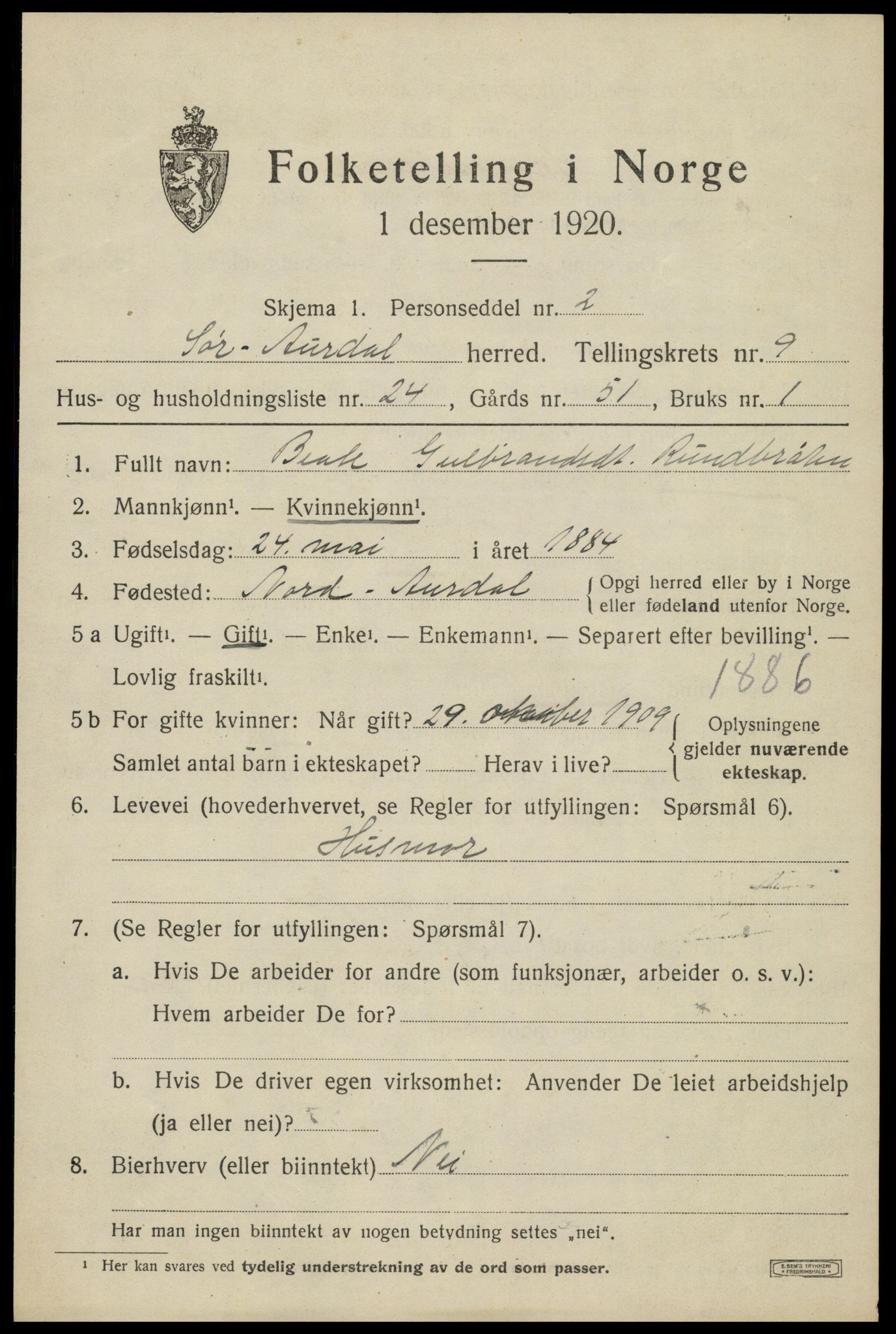 SAH, 1920 census for Sør-Aurdal, 1920, p. 5713