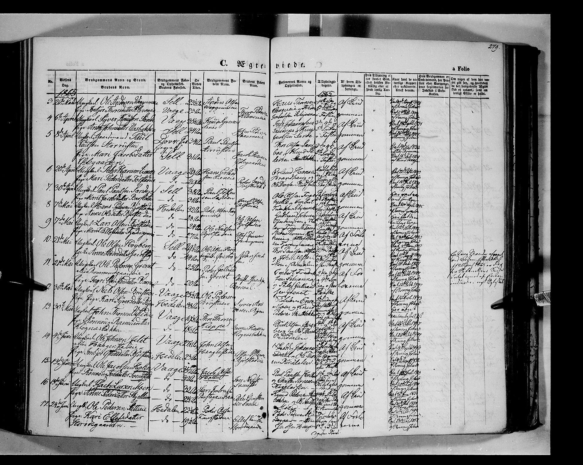 Vågå prestekontor, SAH/PREST-076/H/Ha/Haa/L0006: Parish register (official) no. 6 /1, 1856-1872, p. 279