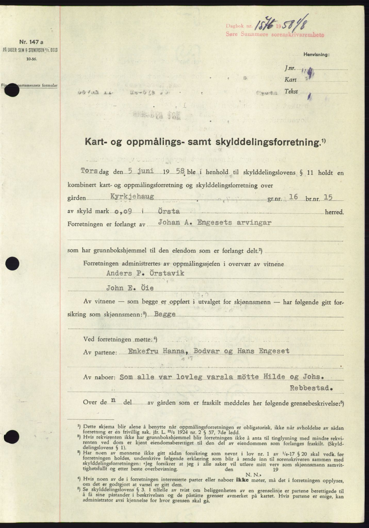 Søre Sunnmøre sorenskriveri, AV/SAT-A-4122/1/2/2C/L0110: Mortgage book no. 36A, 1958-1958, Diary no: : 1576/1958