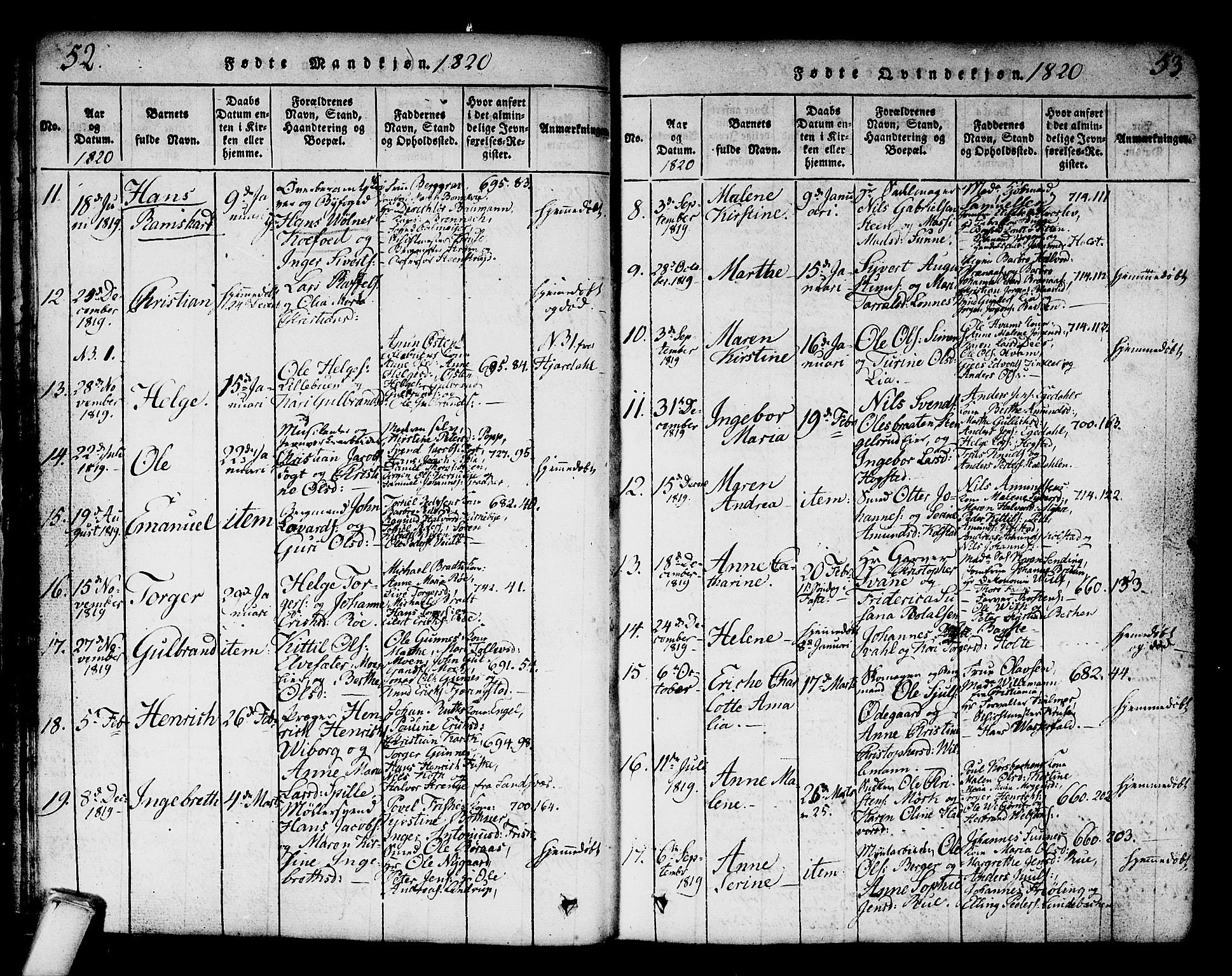 Kongsberg kirkebøker, AV/SAKO-A-22/G/Ga/L0001: Parish register (copy) no. 1, 1816-1839, p. 52-53