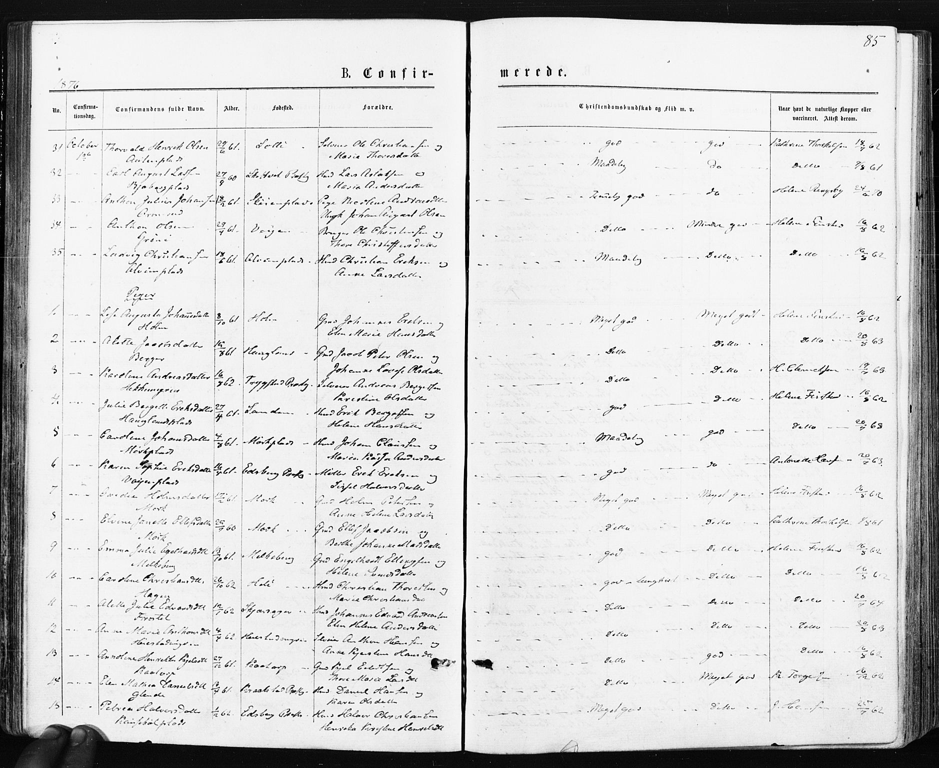 Spydeberg prestekontor Kirkebøker, AV/SAO-A-10924/F/Fa/L0007: Parish register (official) no. I 7, 1875-1885, p. 85