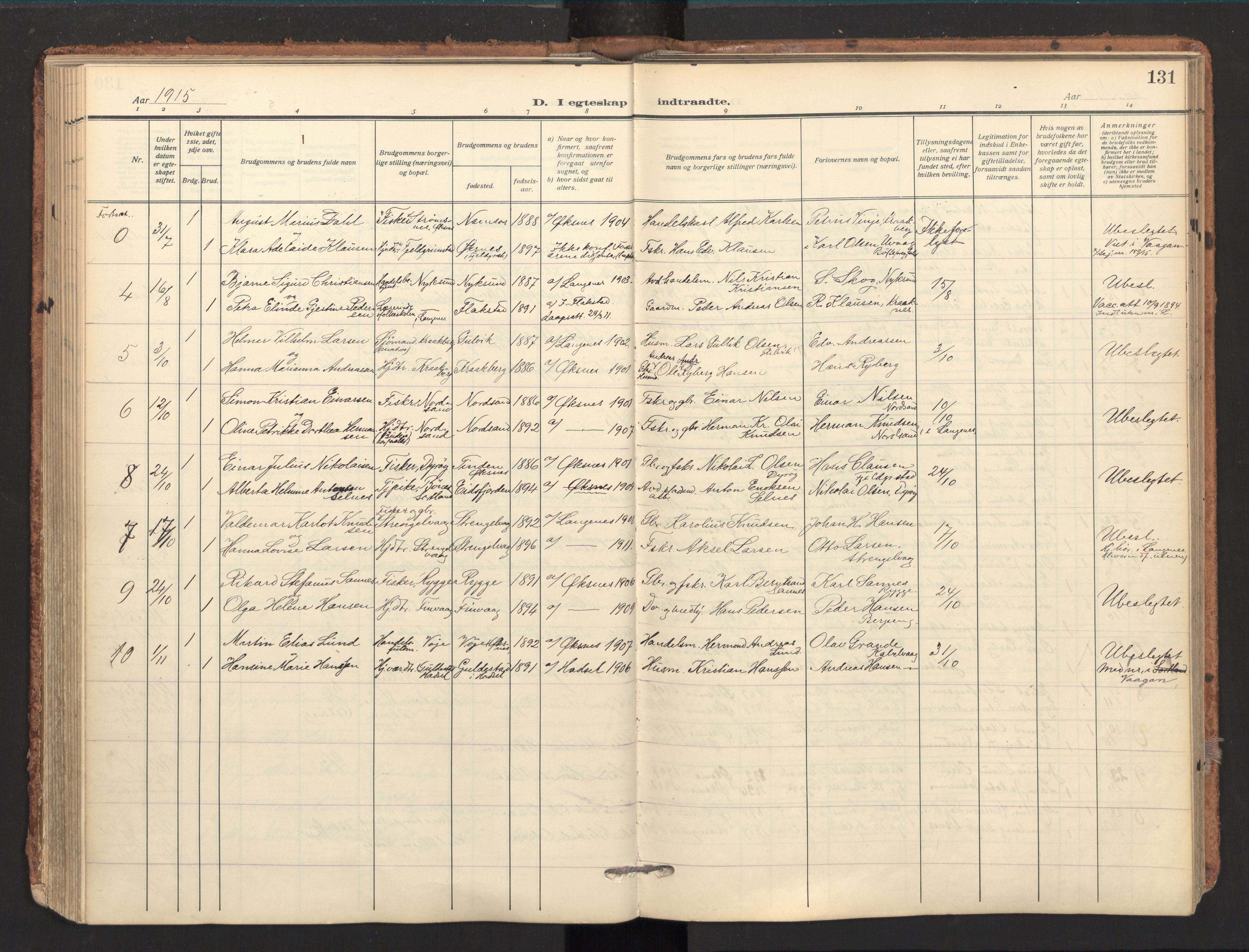 Ministerialprotokoller, klokkerbøker og fødselsregistre - Nordland, AV/SAT-A-1459/893/L1343: Parish register (official) no. 893A15, 1914-1928, p. 131