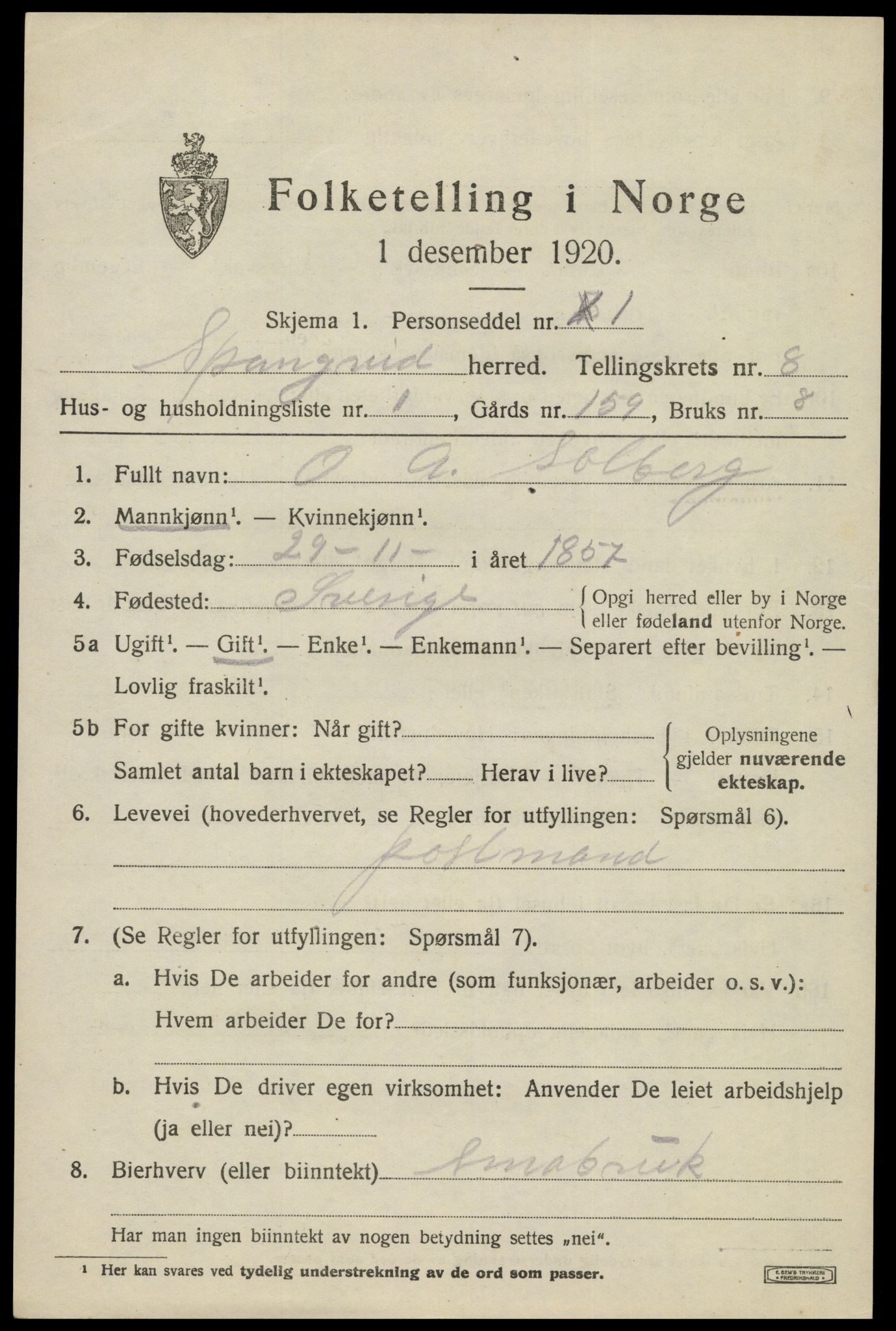 SAK, 1920 census for Spangereid, 1920, p. 2863