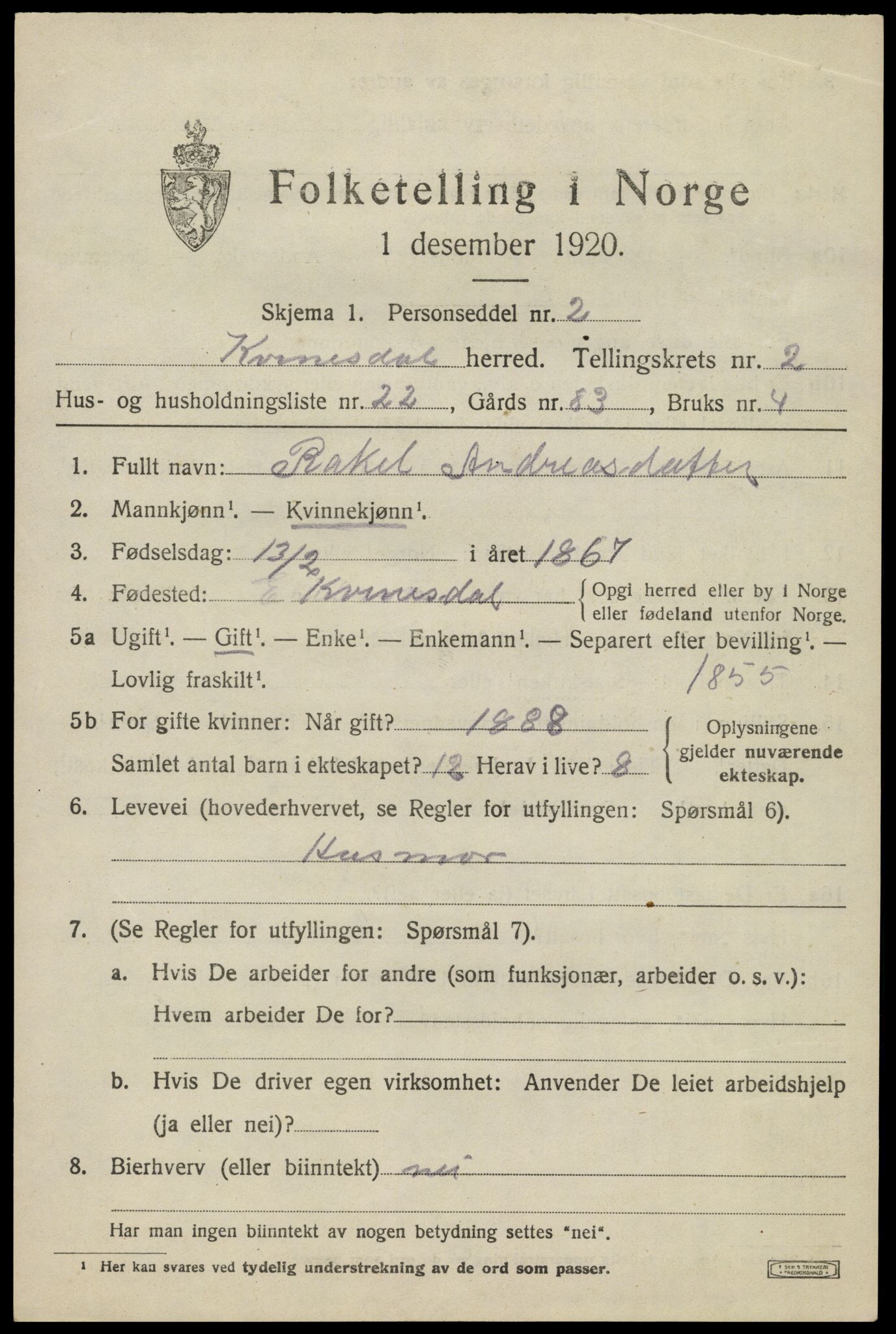 SAK, 1920 census for Kvinesdal, 1920, p. 2119