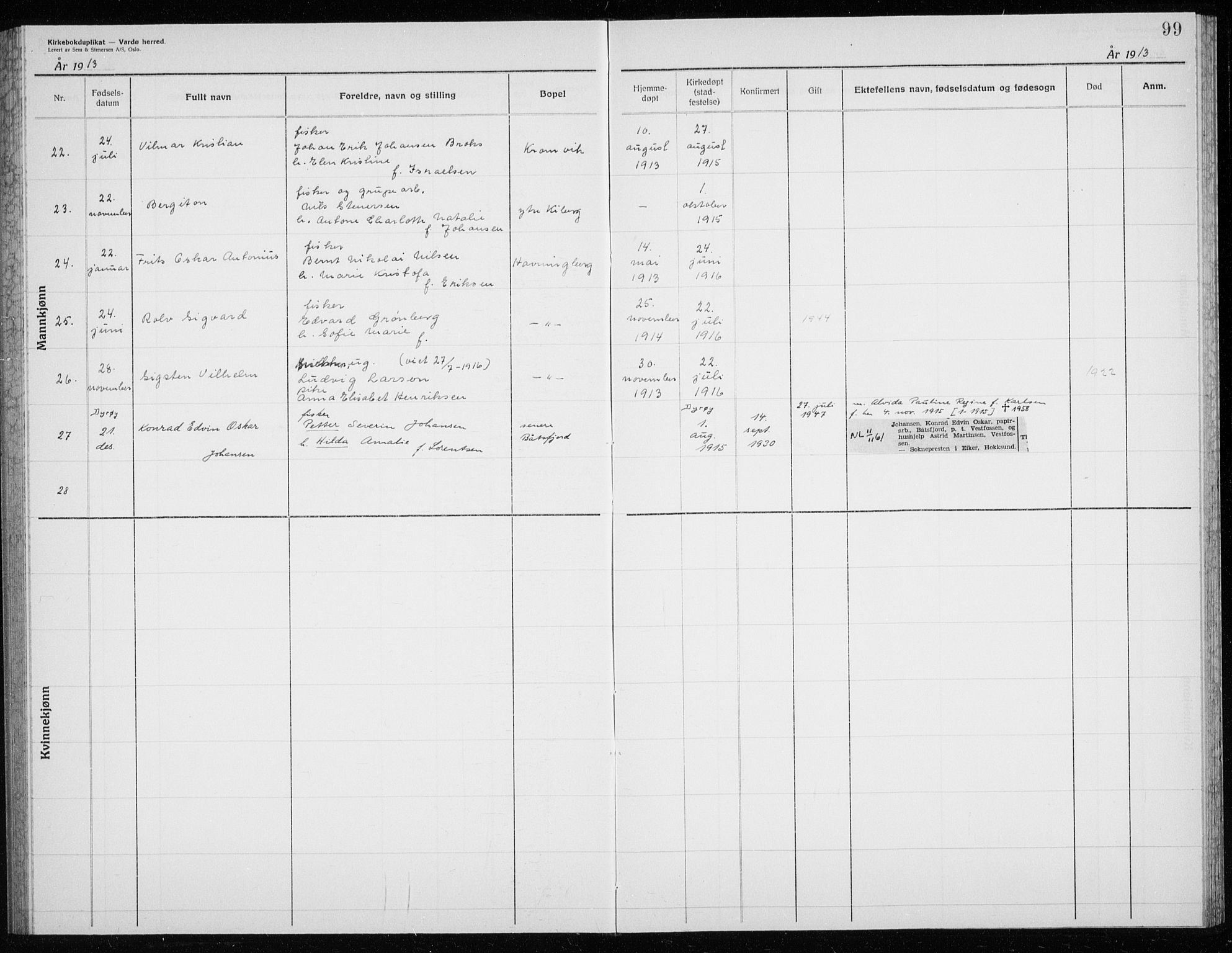 Vardø sokneprestkontor, AV/SATØ-S-1332/H/Hc/L0006kirkerekon: Other parish register no. 6, 1900-1925, p. 99