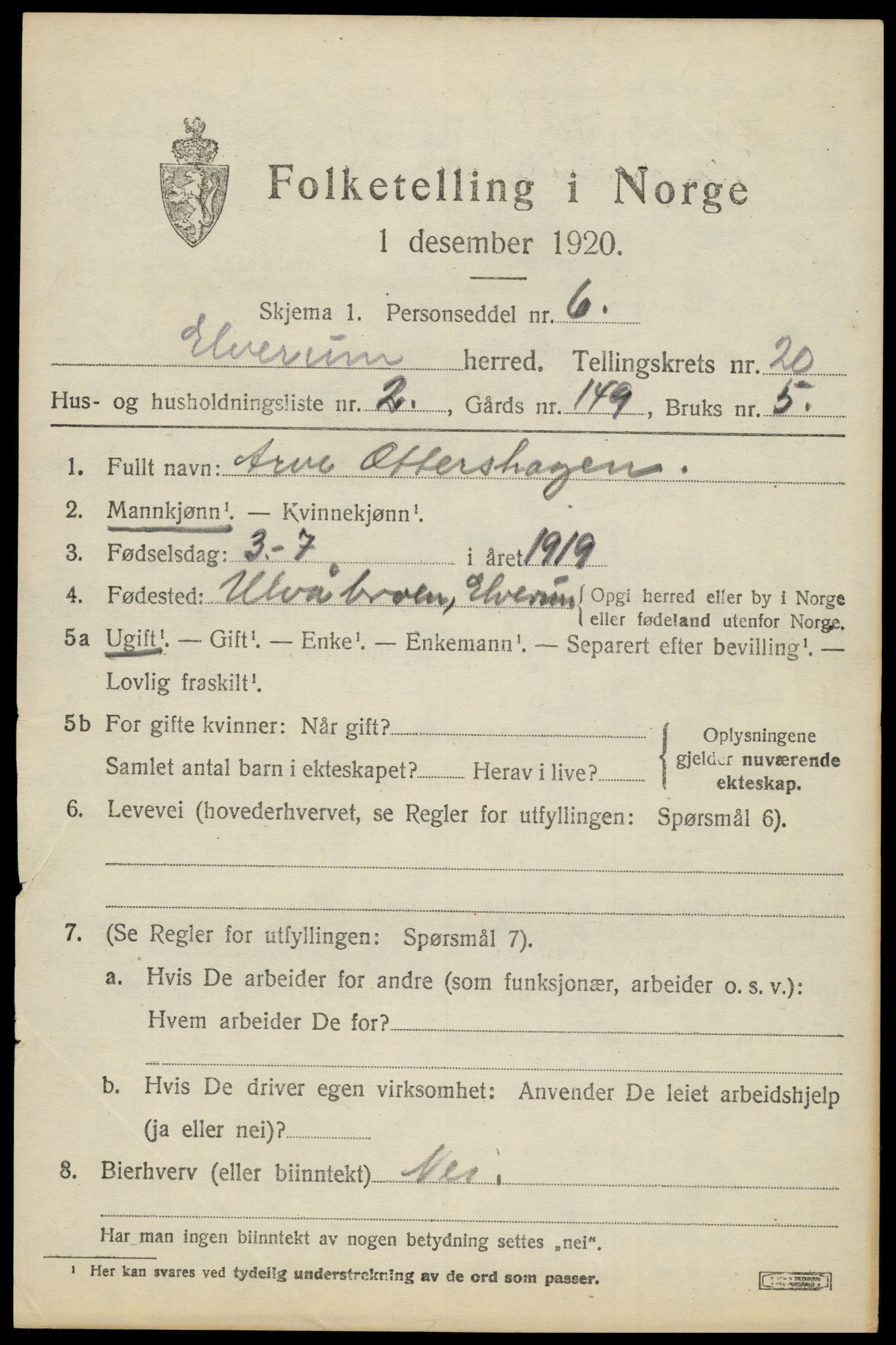 SAH, 1920 census for Elverum, 1920, p. 23302