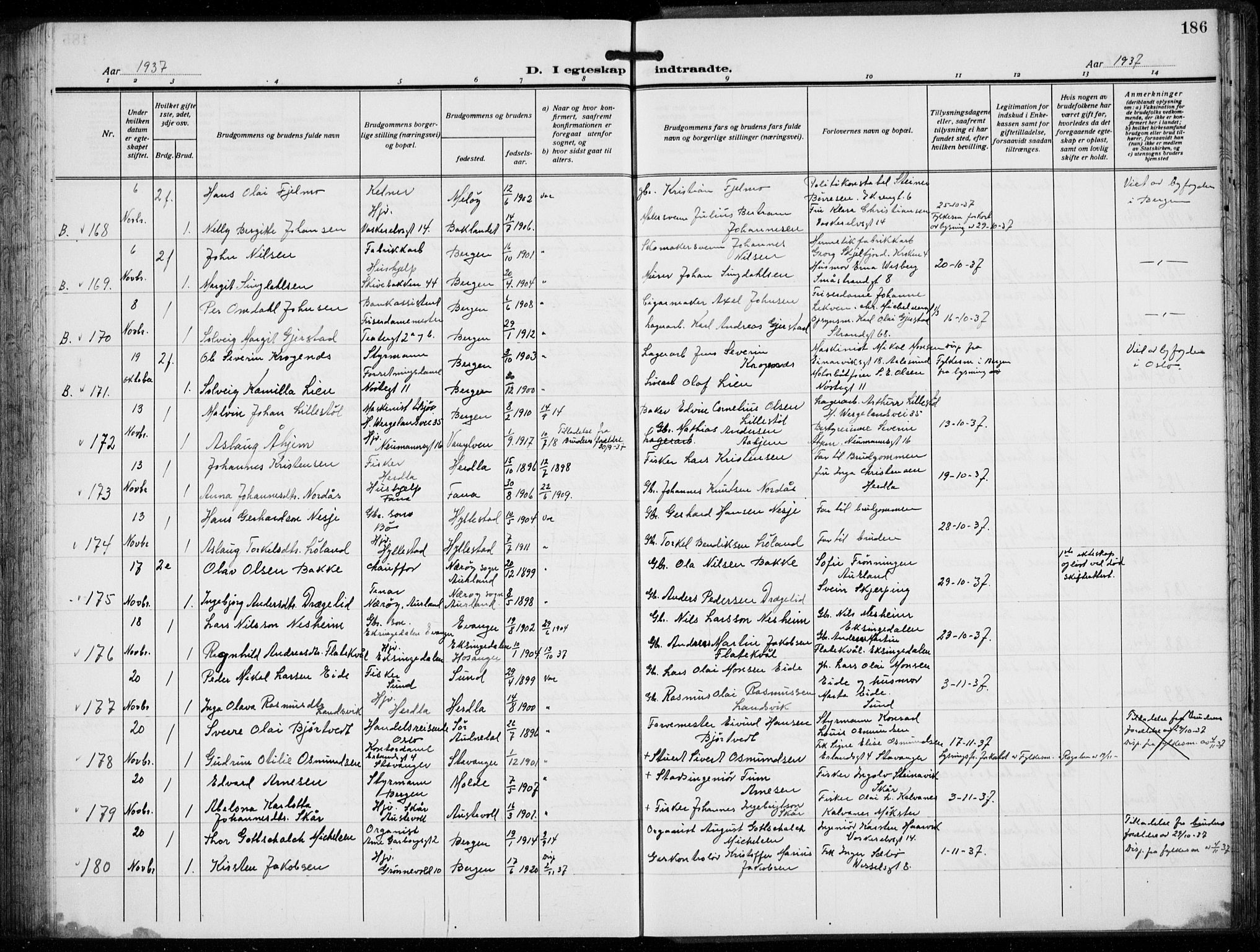 Domkirken sokneprestembete, AV/SAB-A-74801/H/Hab/L0034: Parish register (copy) no. D 6, 1924-1941, p. 186