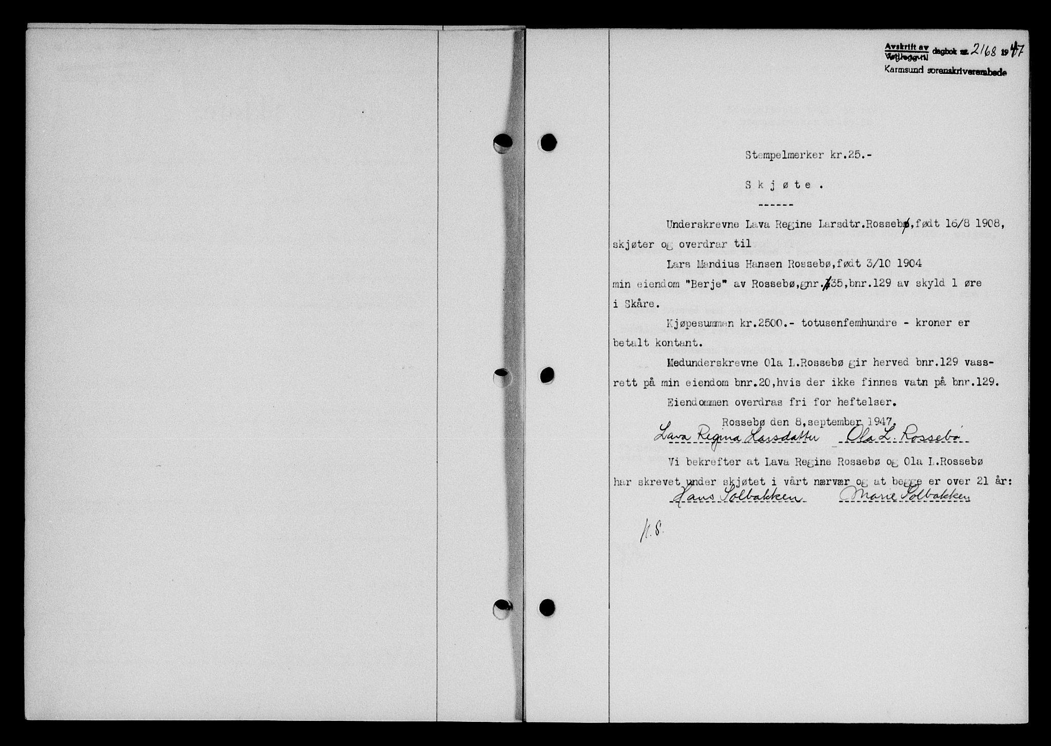 Karmsund sorenskriveri, SAST/A-100311/01/II/IIB/L0090: Mortgage book no. 70A, 1947-1947, Diary no: : 2168/1947