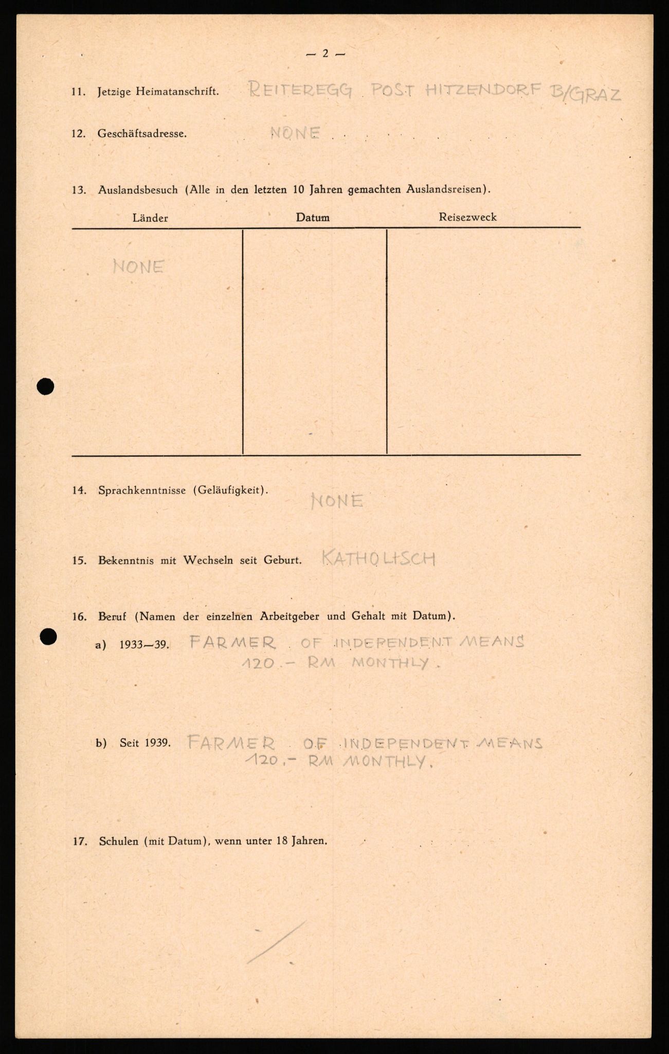 Forsvaret, Forsvarets overkommando II, AV/RA-RAFA-3915/D/Db/L0040: CI Questionaires. Tyske okkupasjonsstyrker i Norge. Østerrikere., 1945-1946, p. 272