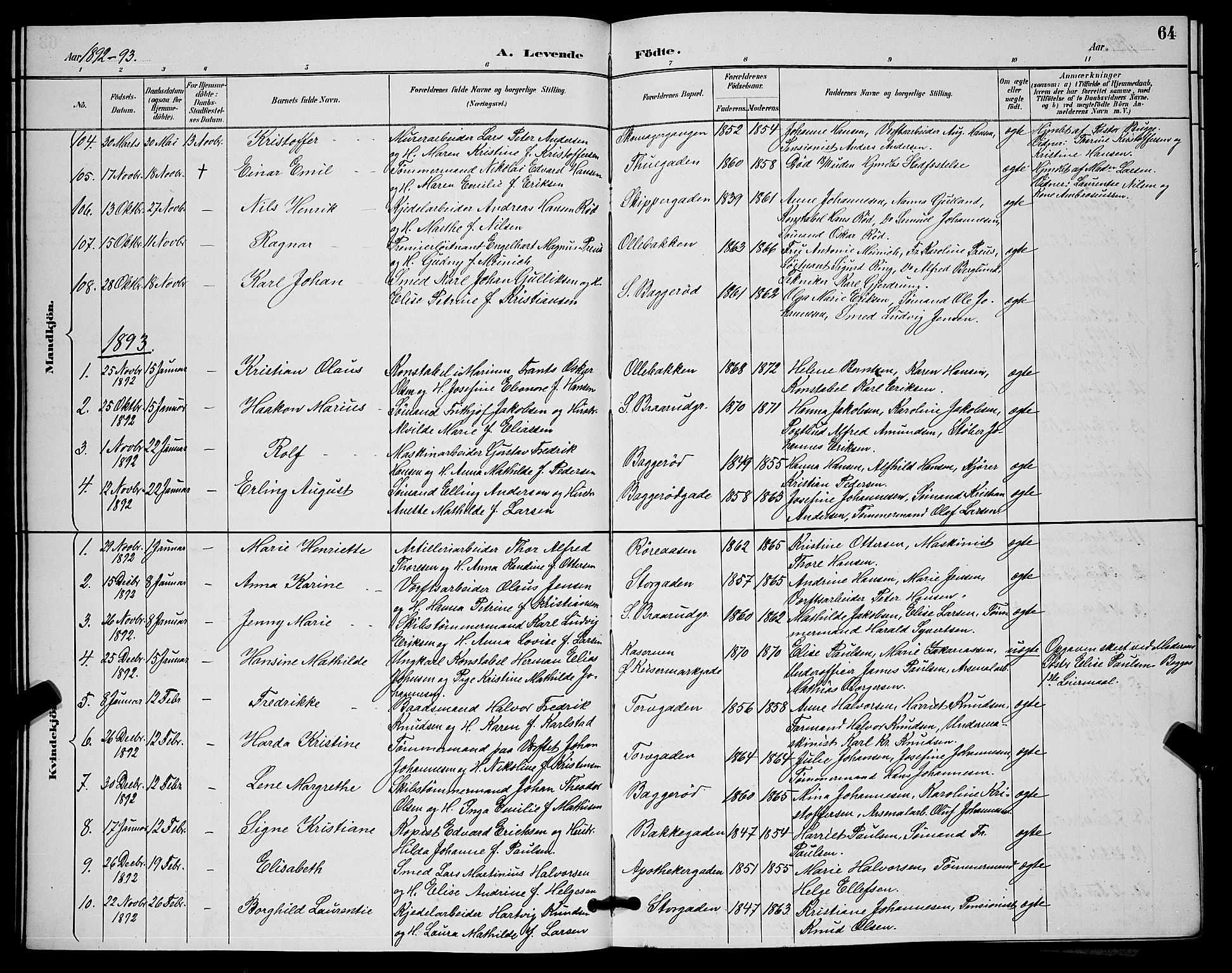 Horten kirkebøker, SAKO/A-348/G/Ga/L0005: Parish register (copy) no. 5, 1888-1895, p. 64