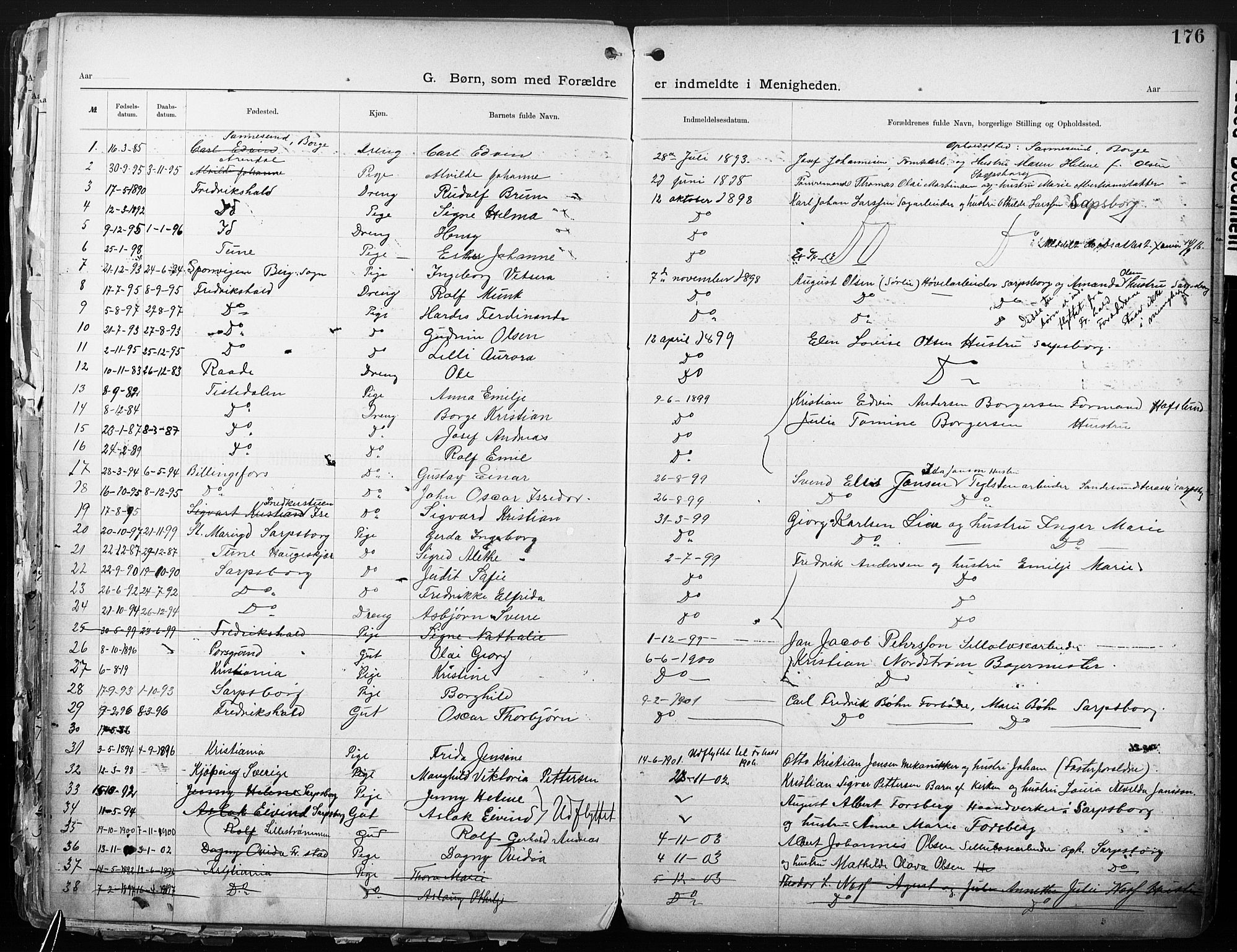 Sarpsborg metodistkirke, SAO/PAO-0233/A/L0004: Dissenter register no. 4, 1892-1923, p. 176