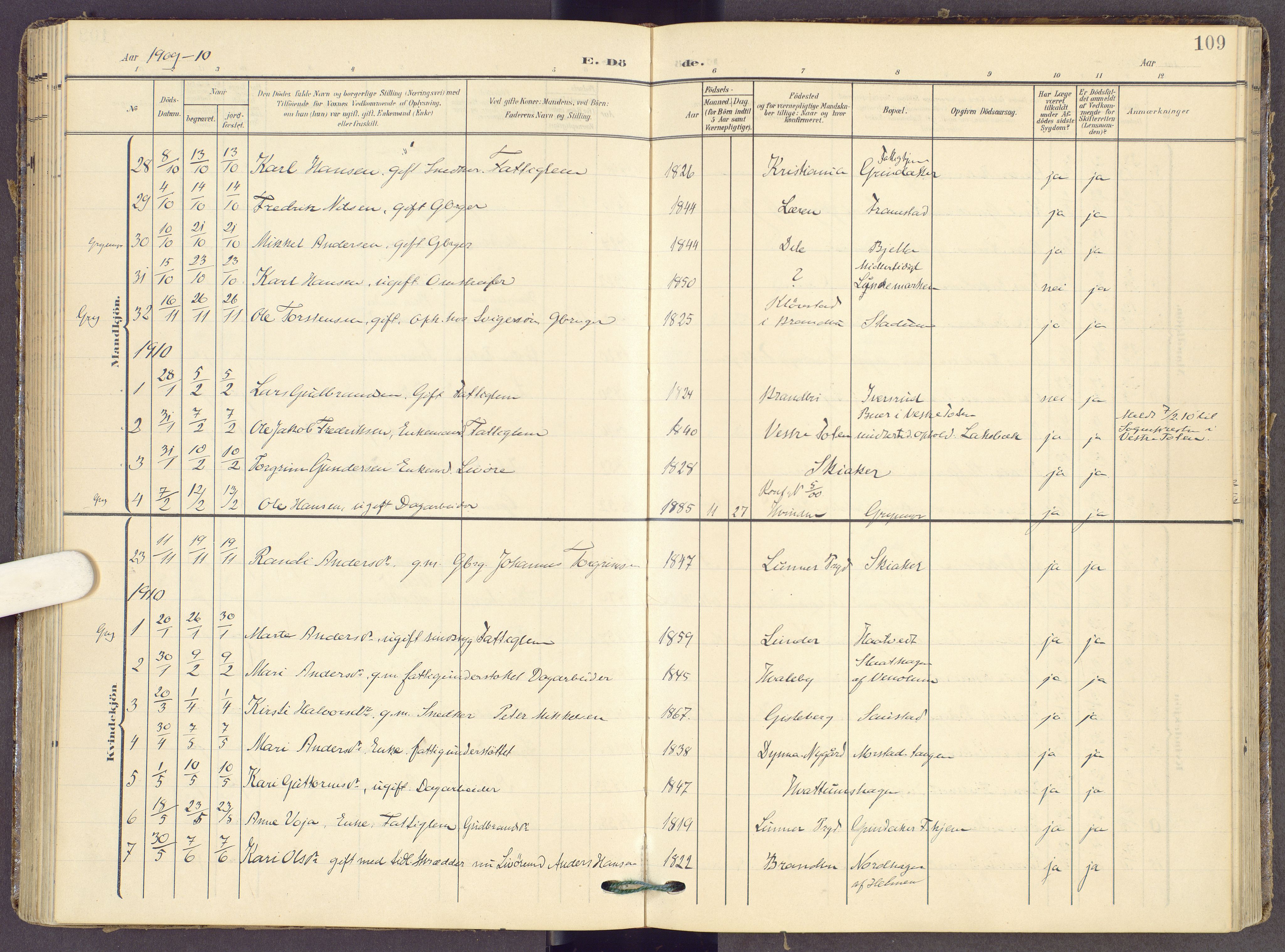Gran prestekontor, SAH/PREST-112/H/Ha/Haa/L0022: Parish register (official) no. 22, 1908-1918, p. 109