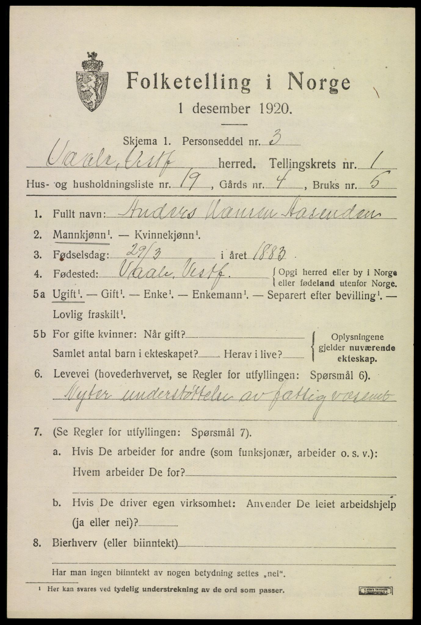 SAKO, 1920 census for Våle, 1920, p. 1284