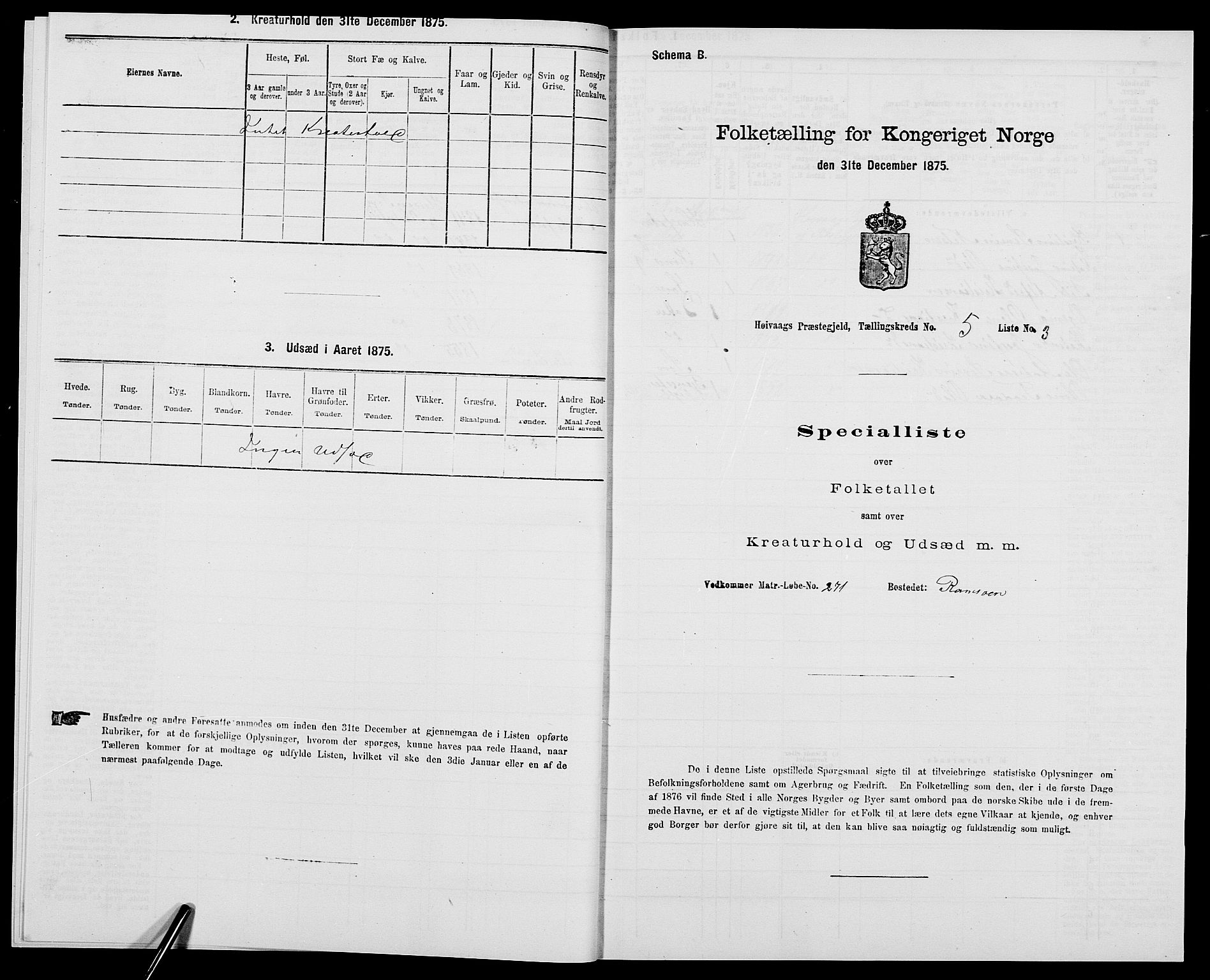 SAK, 1875 census for 0927P Høvåg, 1875, p. 616