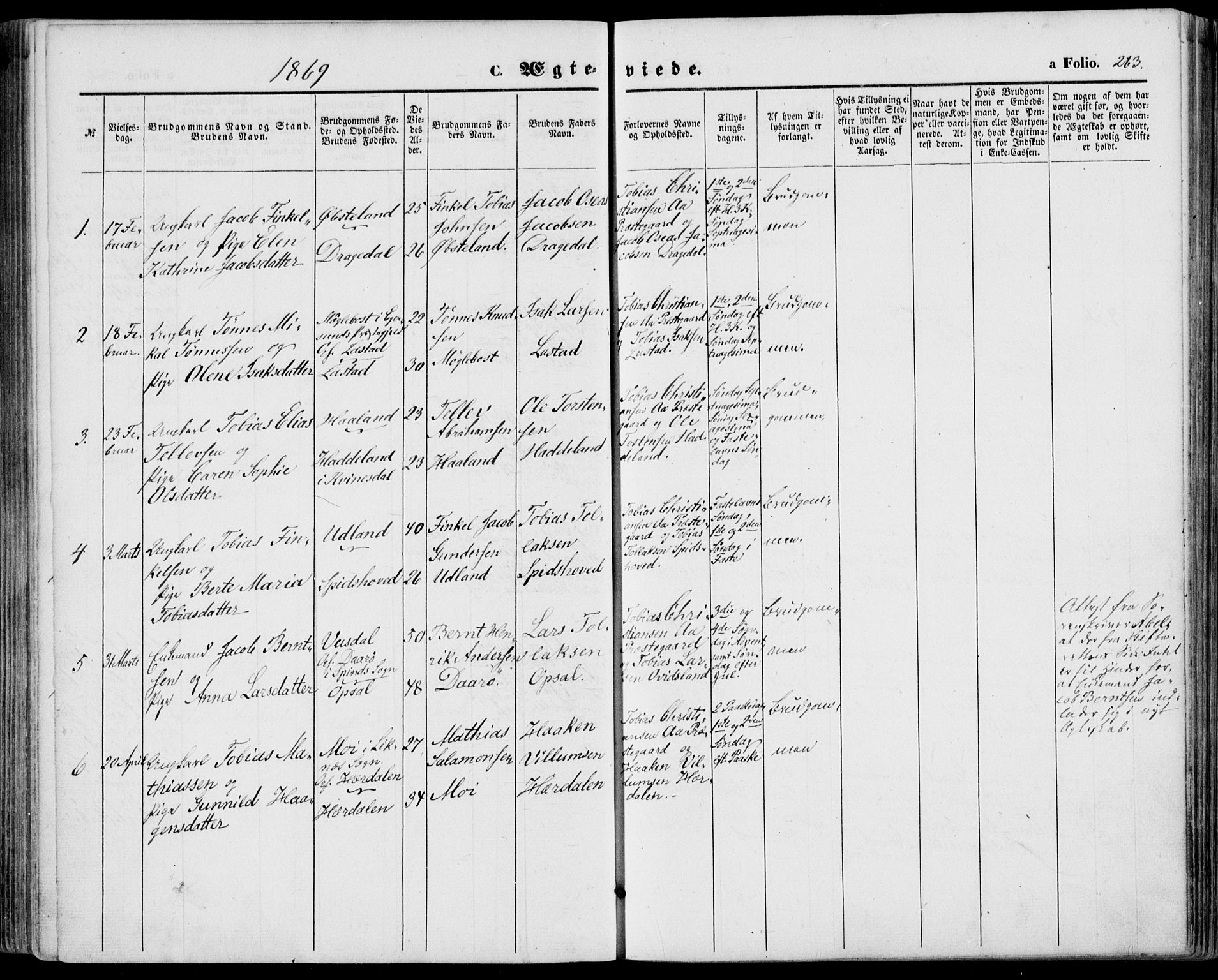 Lyngdal sokneprestkontor, SAK/1111-0029/F/Fa/Fac/L0010: Parish register (official) no. A 10, 1865-1878, p. 263