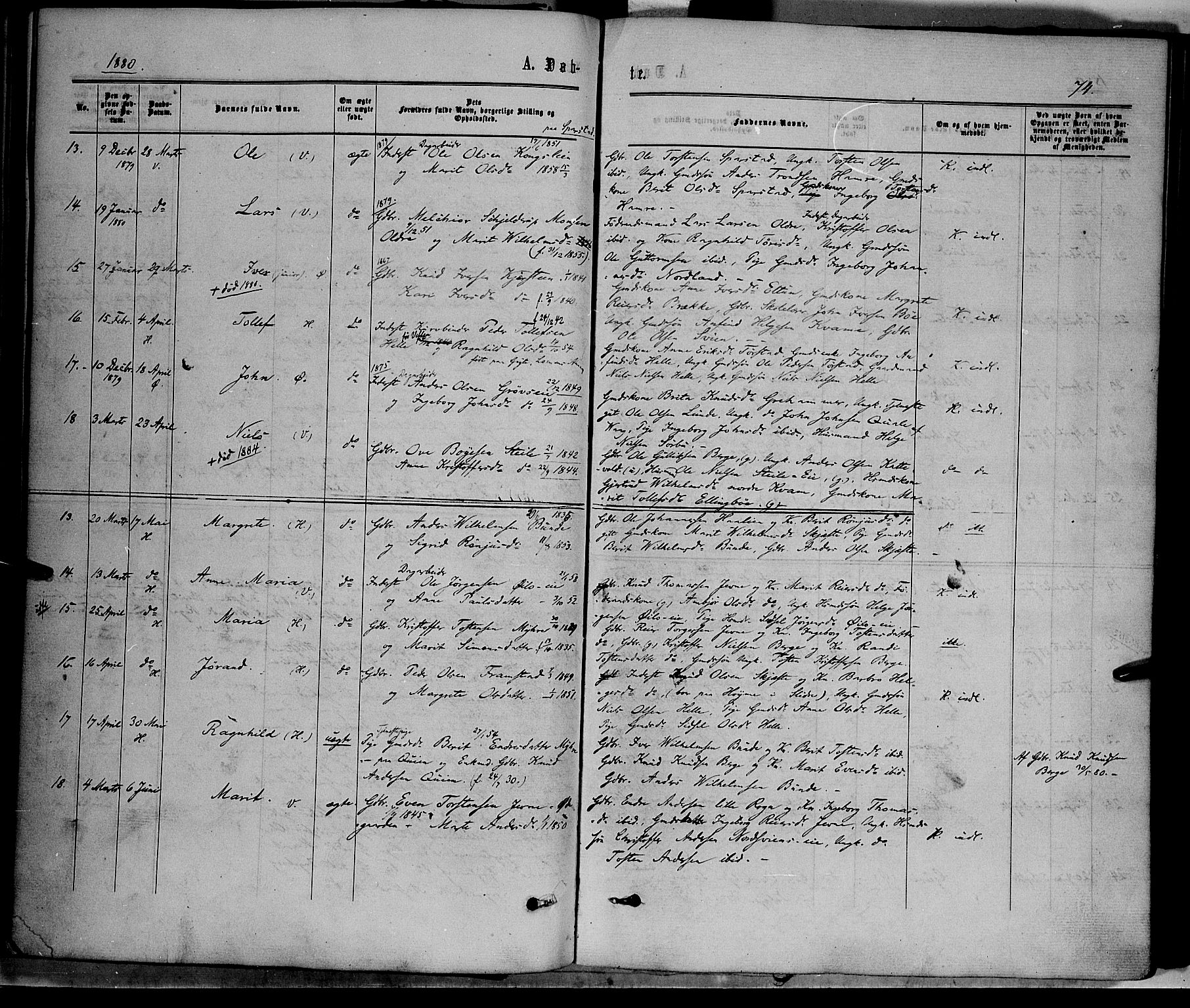 Vang prestekontor, Valdres, AV/SAH-PREST-140/H/Ha/L0007: Parish register (official) no. 7, 1865-1881, p. 74