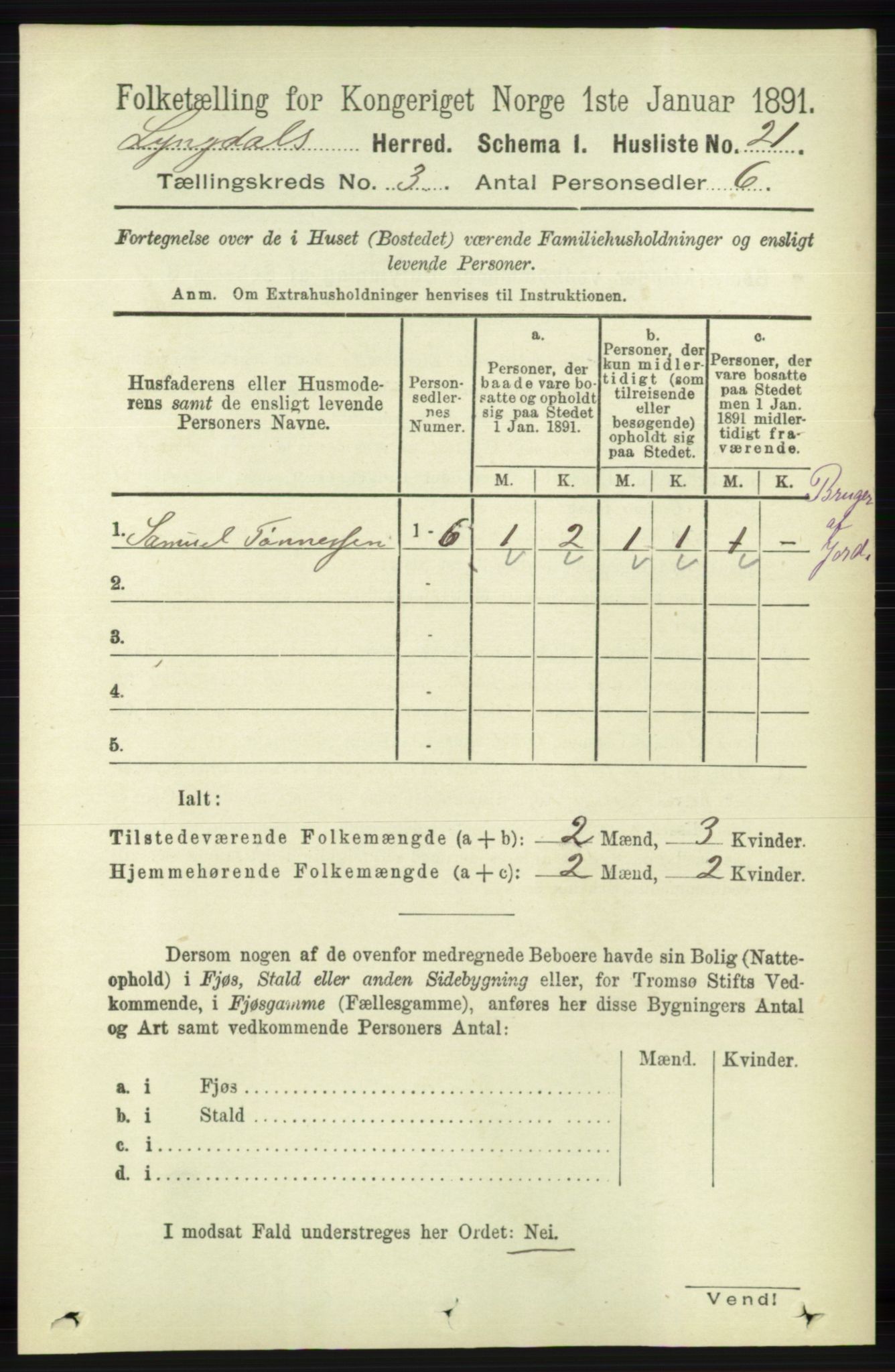 RA, 1891 census for 1032 Lyngdal, 1891, p. 1050
