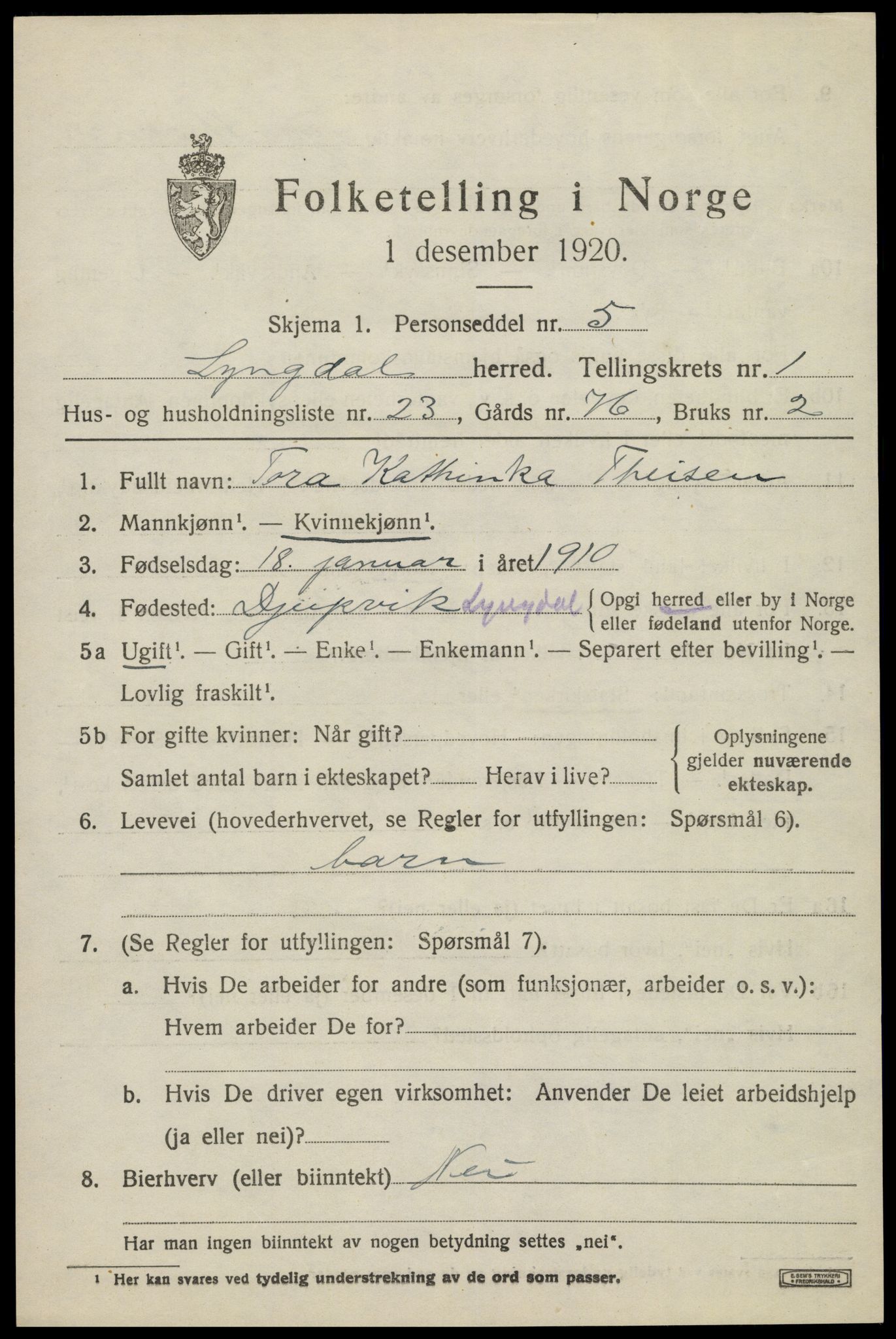 SAK, 1920 census for Lyngdal, 1920, p. 1561