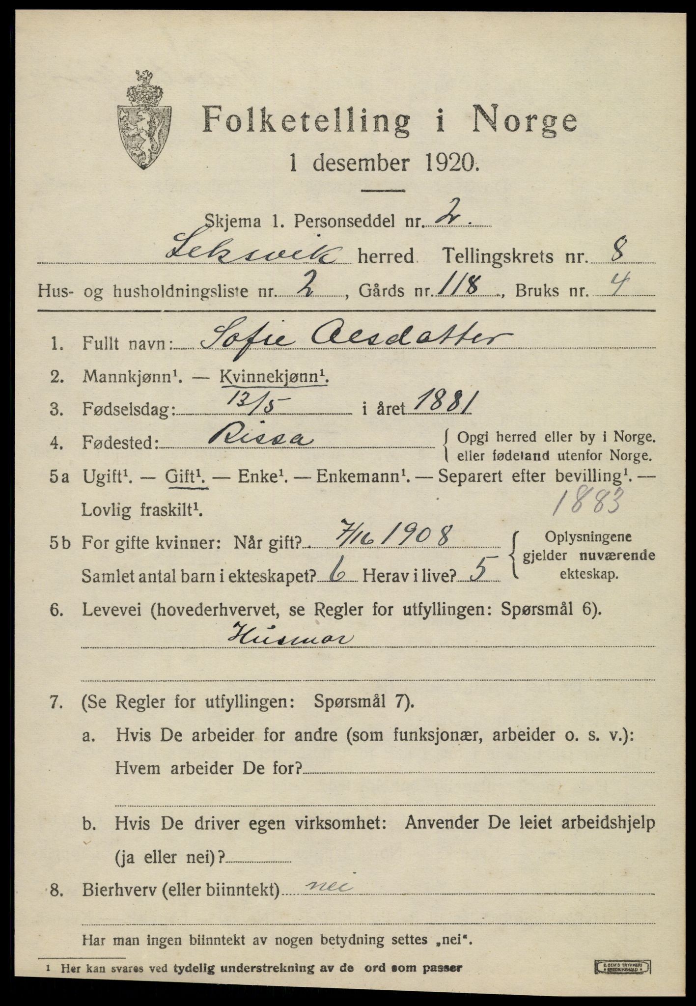 SAT, 1920 census for Leksvik, 1920, p. 6594